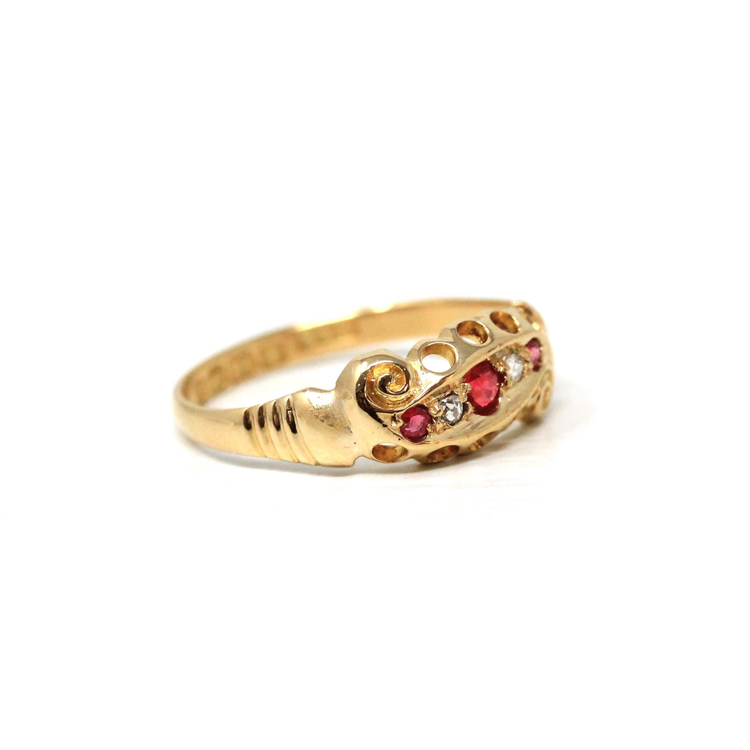 Antique Edwardian Band - Vintage 18k Yellow Gold Natural Diamonds & Garnet Doublet Triplet Ring - Hallmarked 1904 Size 6 3/4 Fine Jewelry