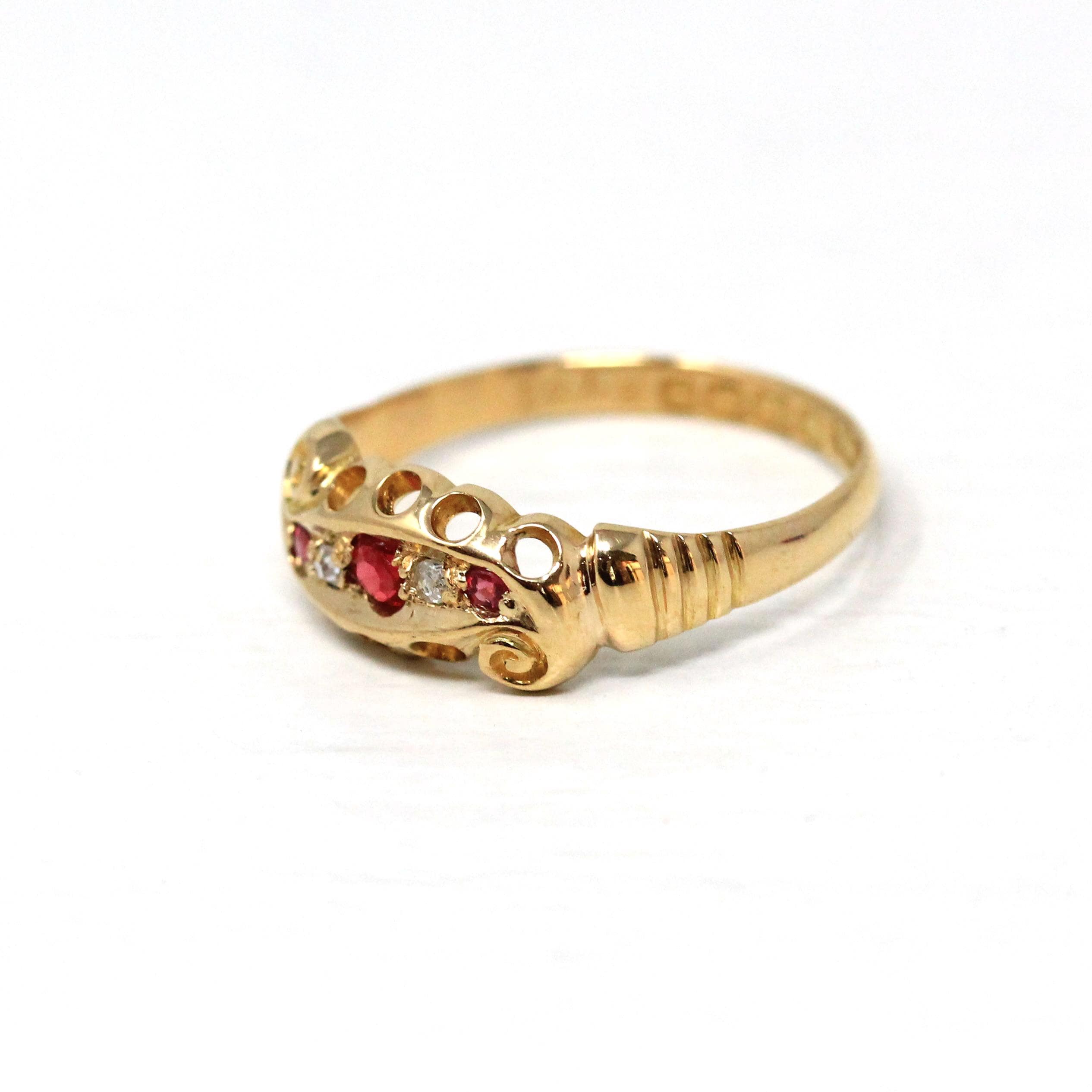 Antique Edwardian Band - Vintage 18k Yellow Gold Natural Diamonds & Garnet Doublet Triplet Ring - Hallmarked 1904 Size 6 3/4 Fine Jewelry