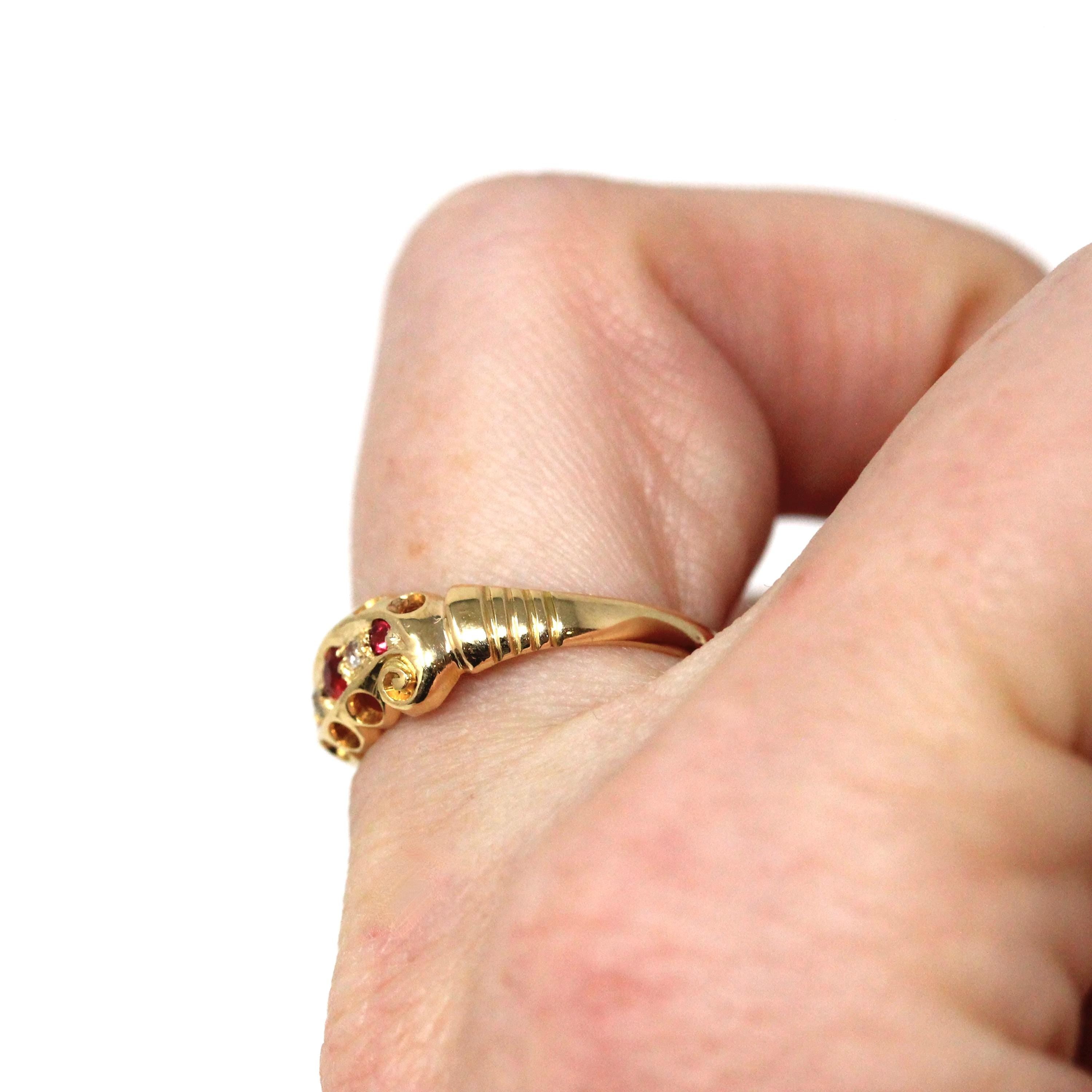 Antique Edwardian Band - Vintage 18k Yellow Gold Natural Diamonds & Garnet Doublet Triplet Ring - Hallmarked 1904 Size 6 3/4 Fine Jewelry