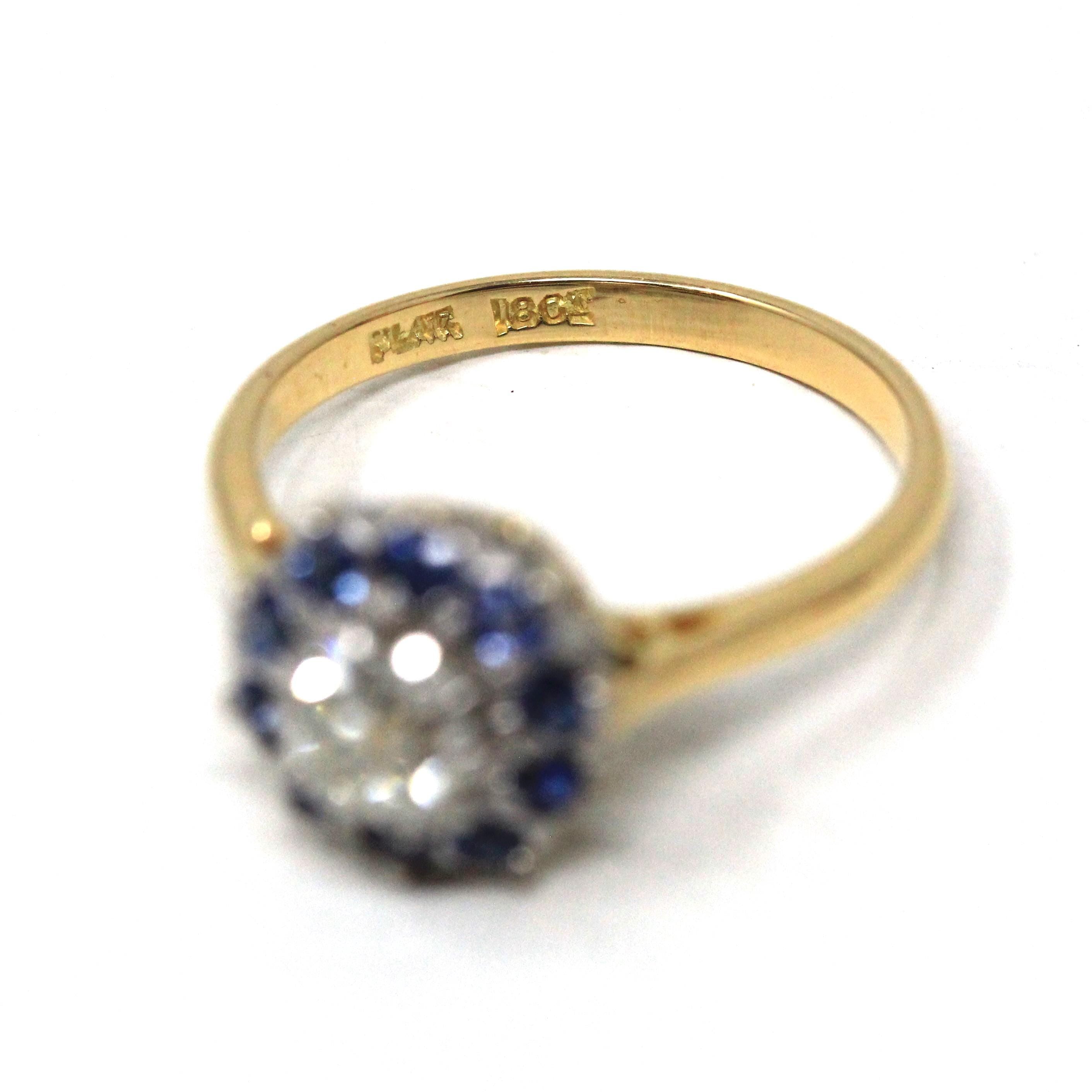 Antique Halo Ring - Edwardian Era 18k Yellow Gold Platinum Natural Diamond & Sapphires - Circa Early 1900s Size 5 Fine Engagement Jewelry