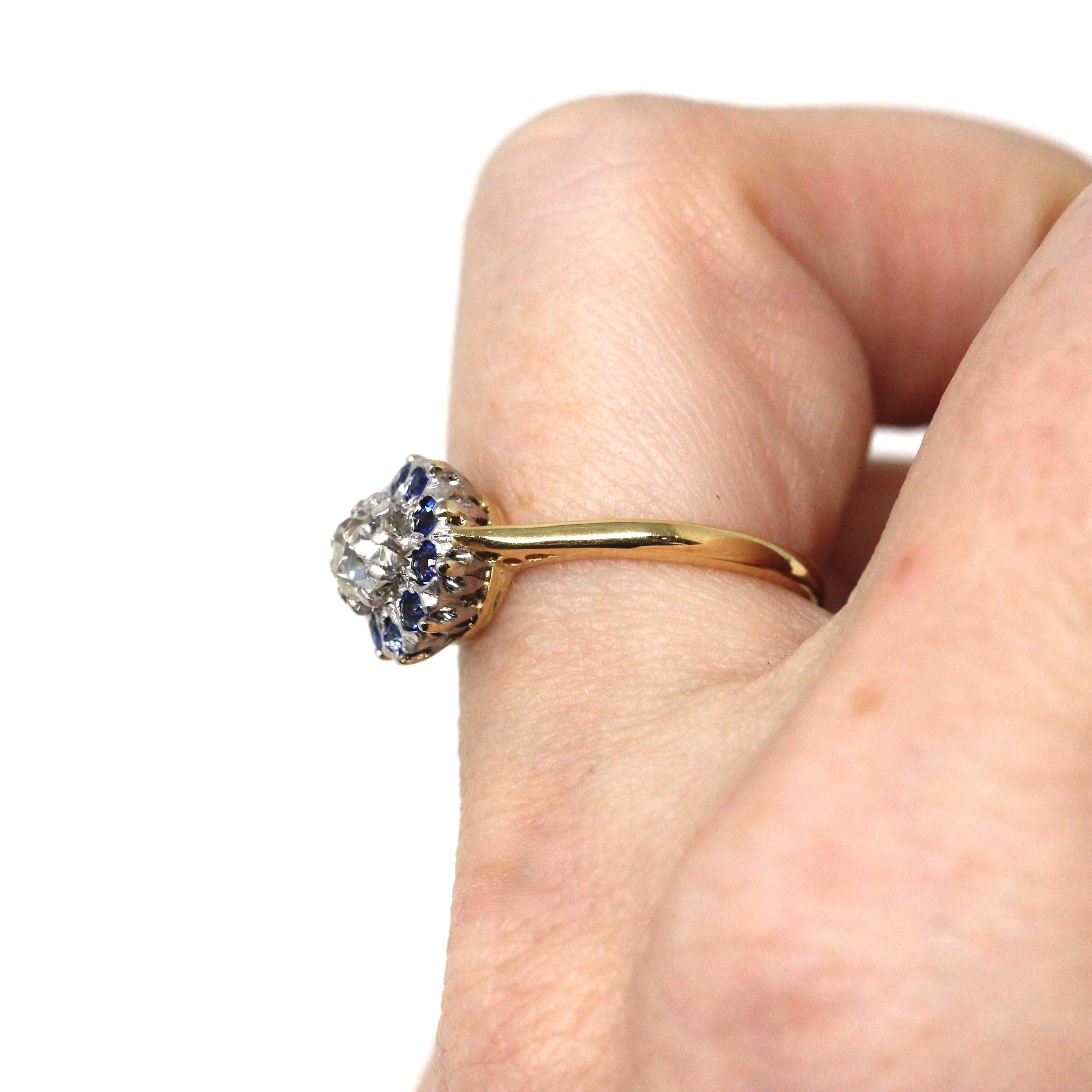 Antique Halo Ring - Edwardian Era 18k Yellow Gold Platinum Natural Diamond & Sapphires - Circa Early 1900s Size 5 Fine Engagement Jewelry