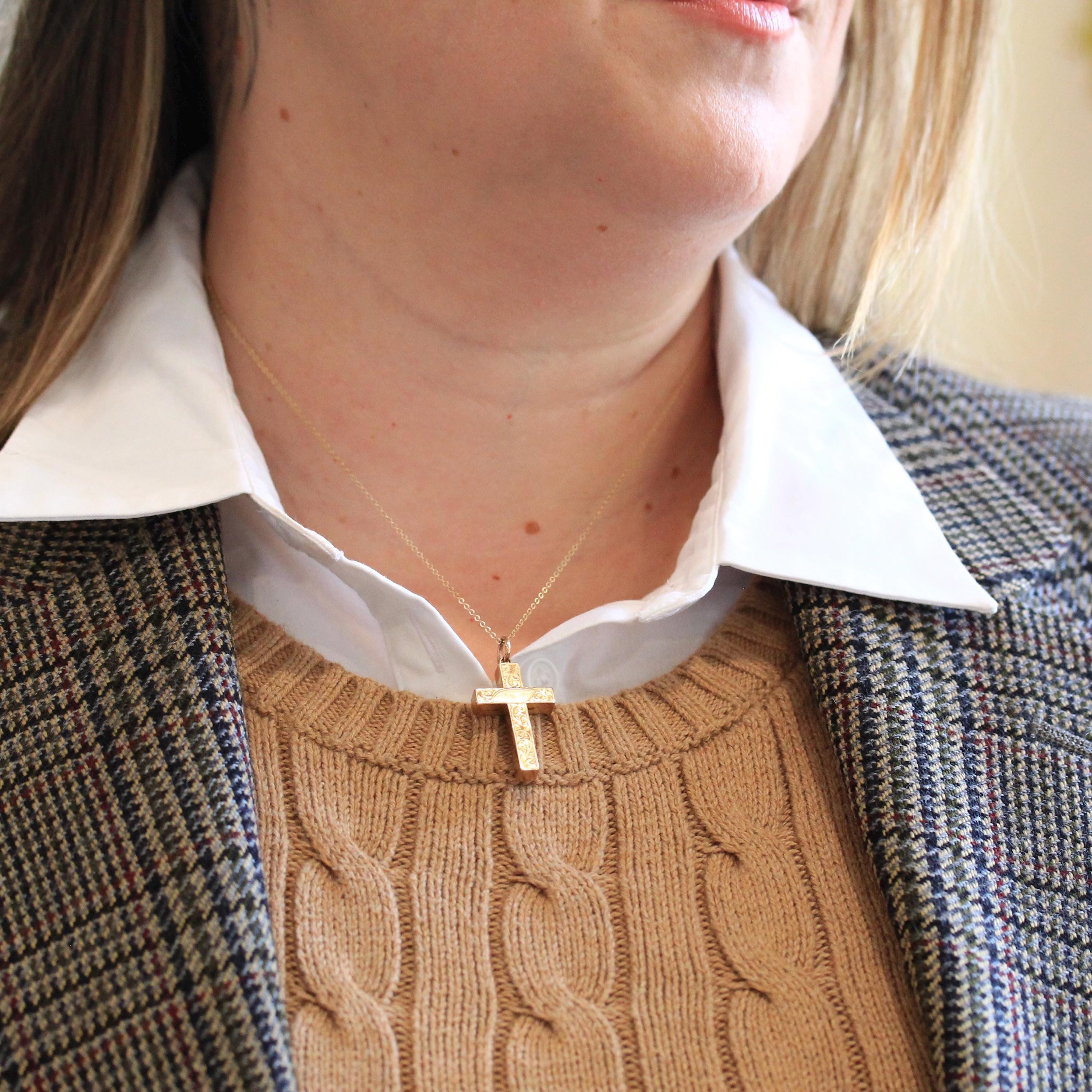 Antique Cross Necklace - Edwardian 9k Yellow Gold Ornate Floral Designs Pendant - Hallmarked 1905 Fine Birmingham Hollow Statement Jewelry