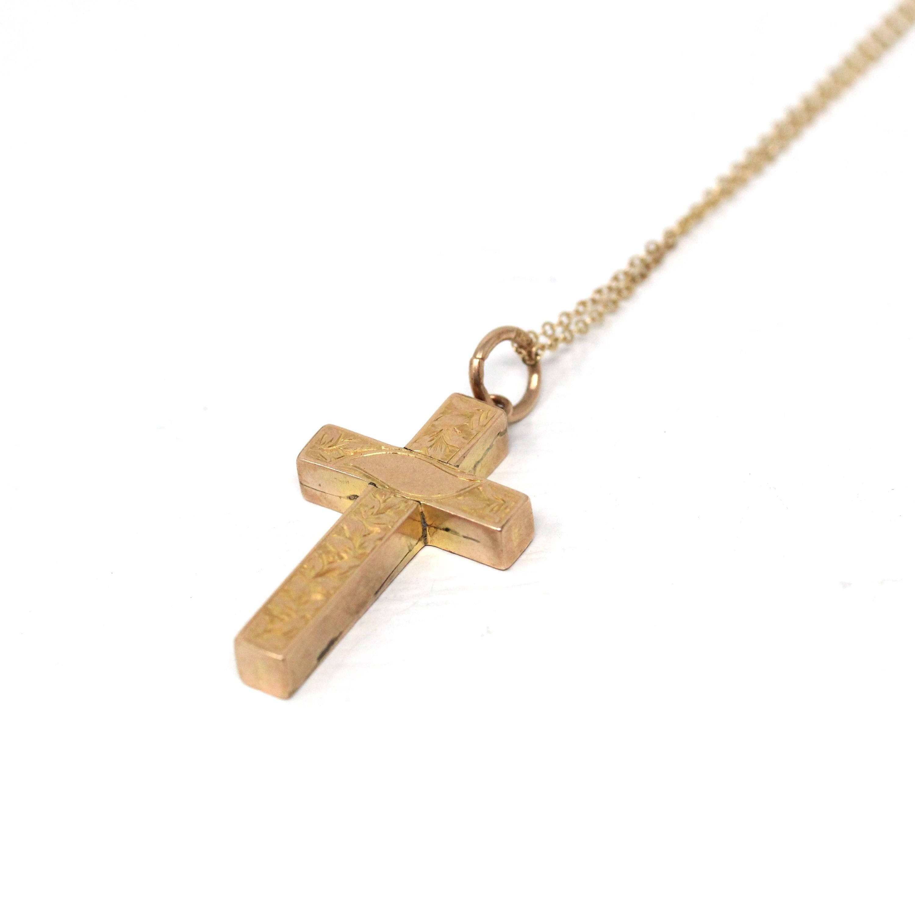 Antique Cross Necklace - Edwardian 9k Yellow Gold Ornate Floral Designs Pendant - Hallmarked 1905 Fine Birmingham Hollow Statement Jewelry