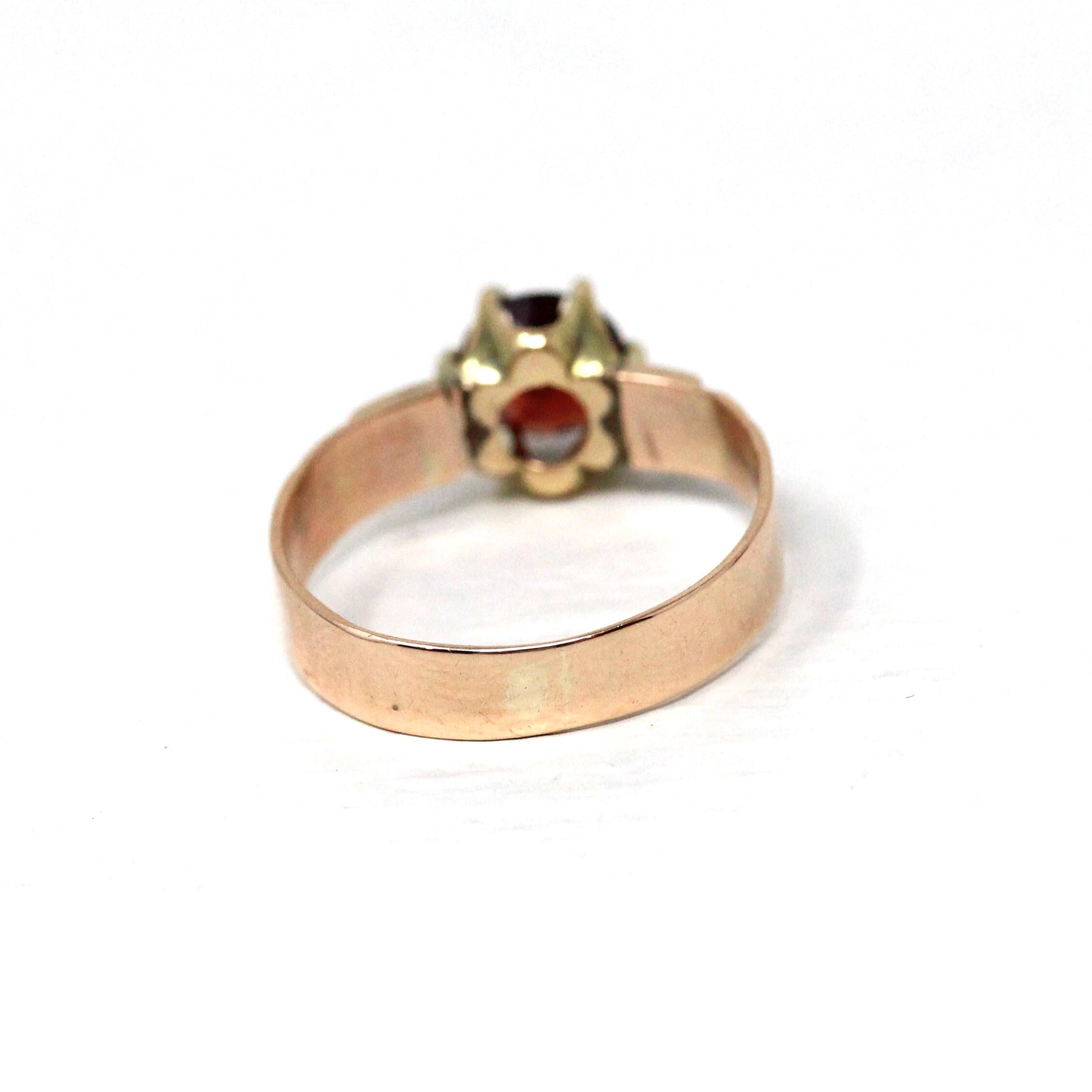 Victorian Garnet Ring - Antique 10k Rosy Yellow Gold Solitaire Gemstone - Circa 1890s Era Size 5.5 January Birthstone Engraved Fine Jewelry