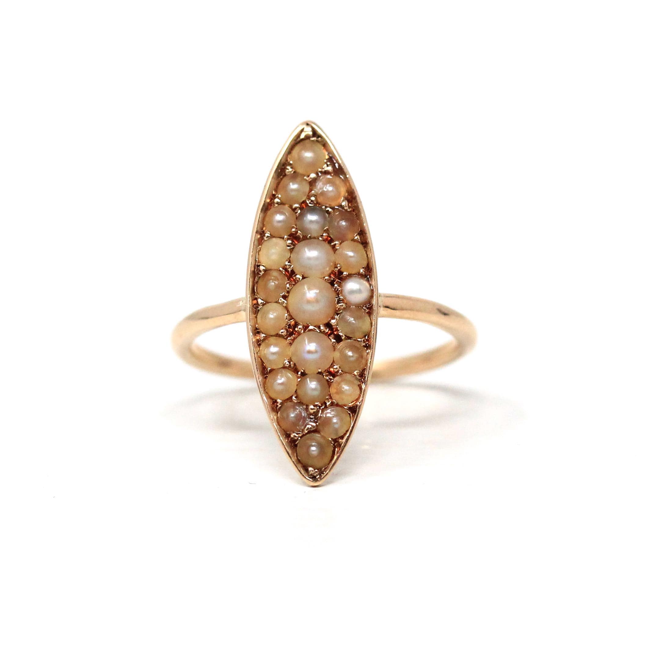 Antique Navette Ring - Edwardian Era 14k Yellow Gold Seed Pearl Cluster - Circa 1910s Era Size 4 1/2 June Birthstone Shield Fine Jewelry