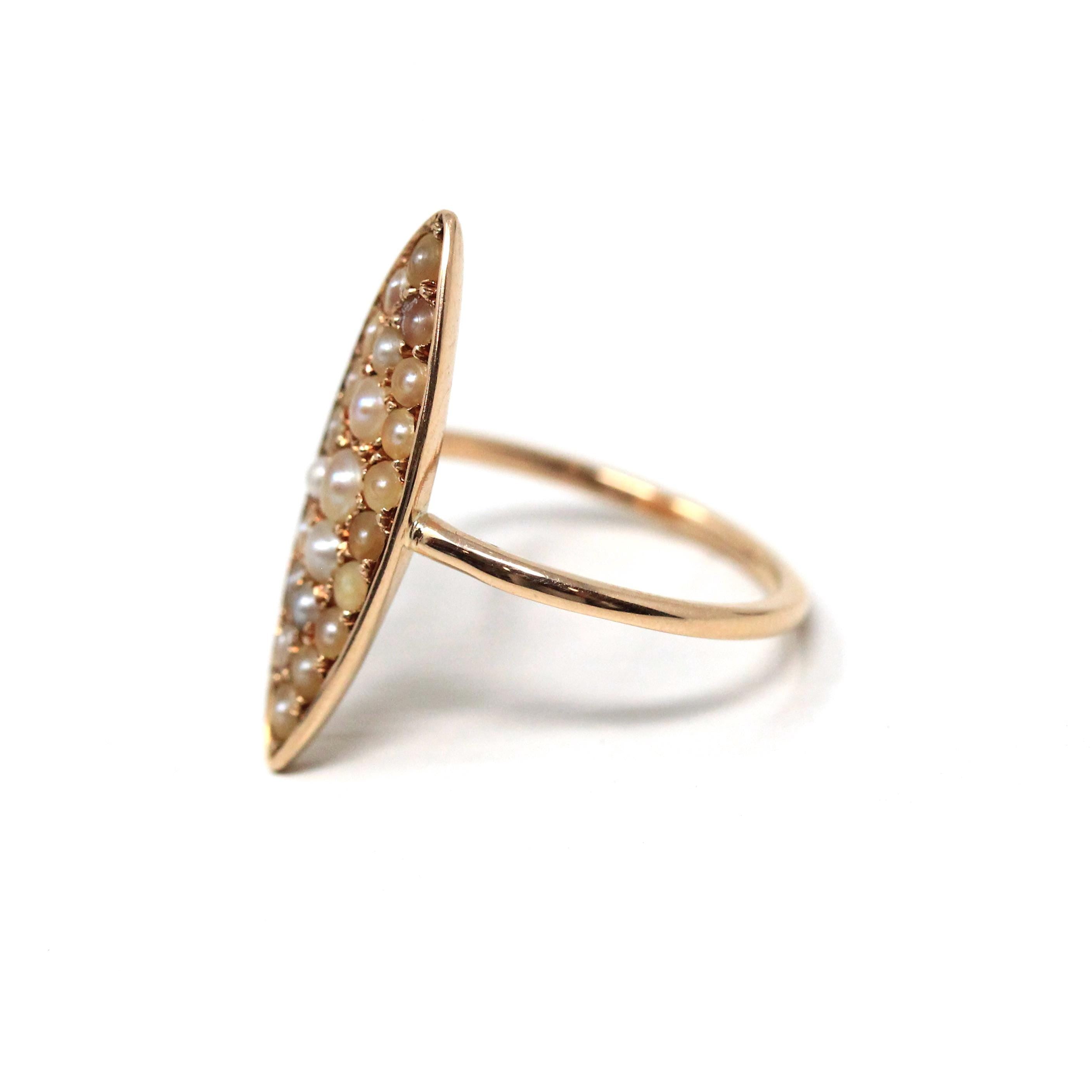 Antique Navette Ring - Edwardian Era 14k Yellow Gold Seed Pearl Cluster - Circa 1910s Era Size 4 1/2 June Birthstone Shield Fine Jewelry