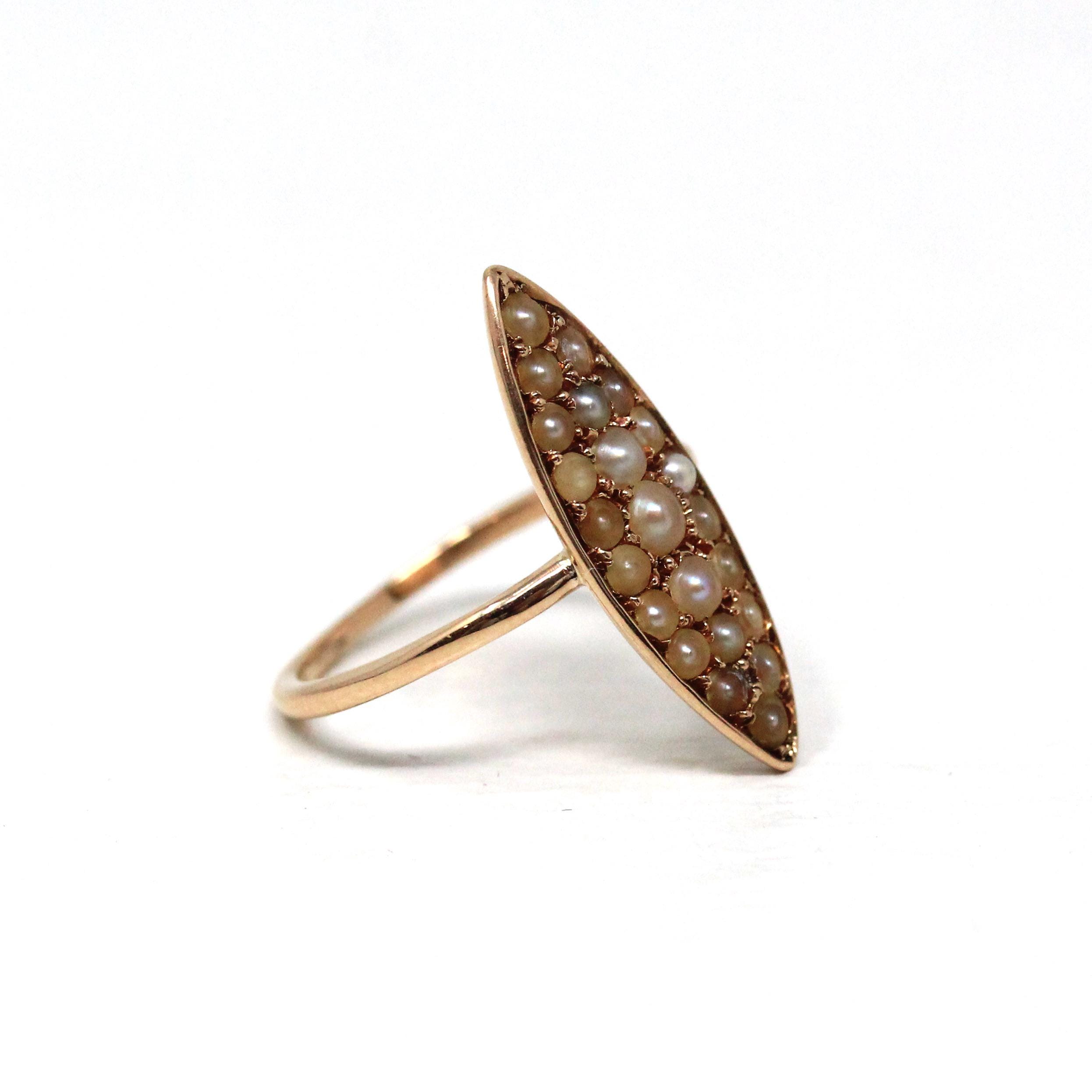 Antique Navette Ring - Edwardian Era 14k Yellow Gold Seed Pearl Cluster - Circa 1910s Era Size 4 1/2 June Birthstone Shield Fine Jewelry