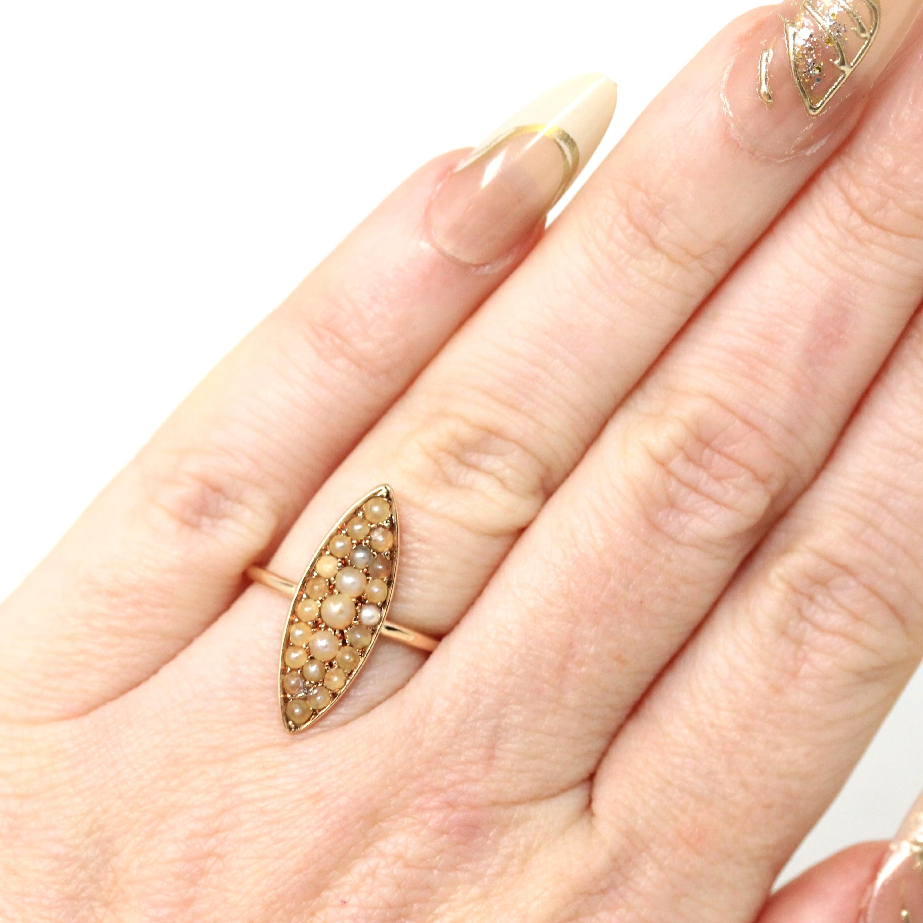 Antique Navette Ring - Edwardian Era 14k Yellow Gold Seed Pearl Cluster - Circa 1910s Era Size 4 1/2 June Birthstone Shield Fine Jewelry