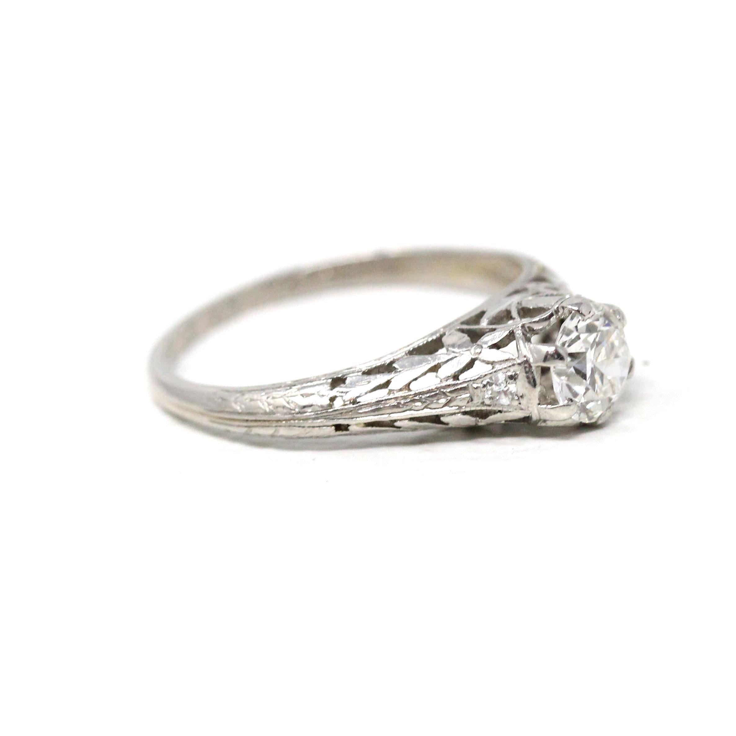 Art Deco Engagement Ring - Platinum Natural .60 CT Old European Diamond - Antique Circa 1920s Era Size 7 Bridal Filigree Fine Report Jewelry