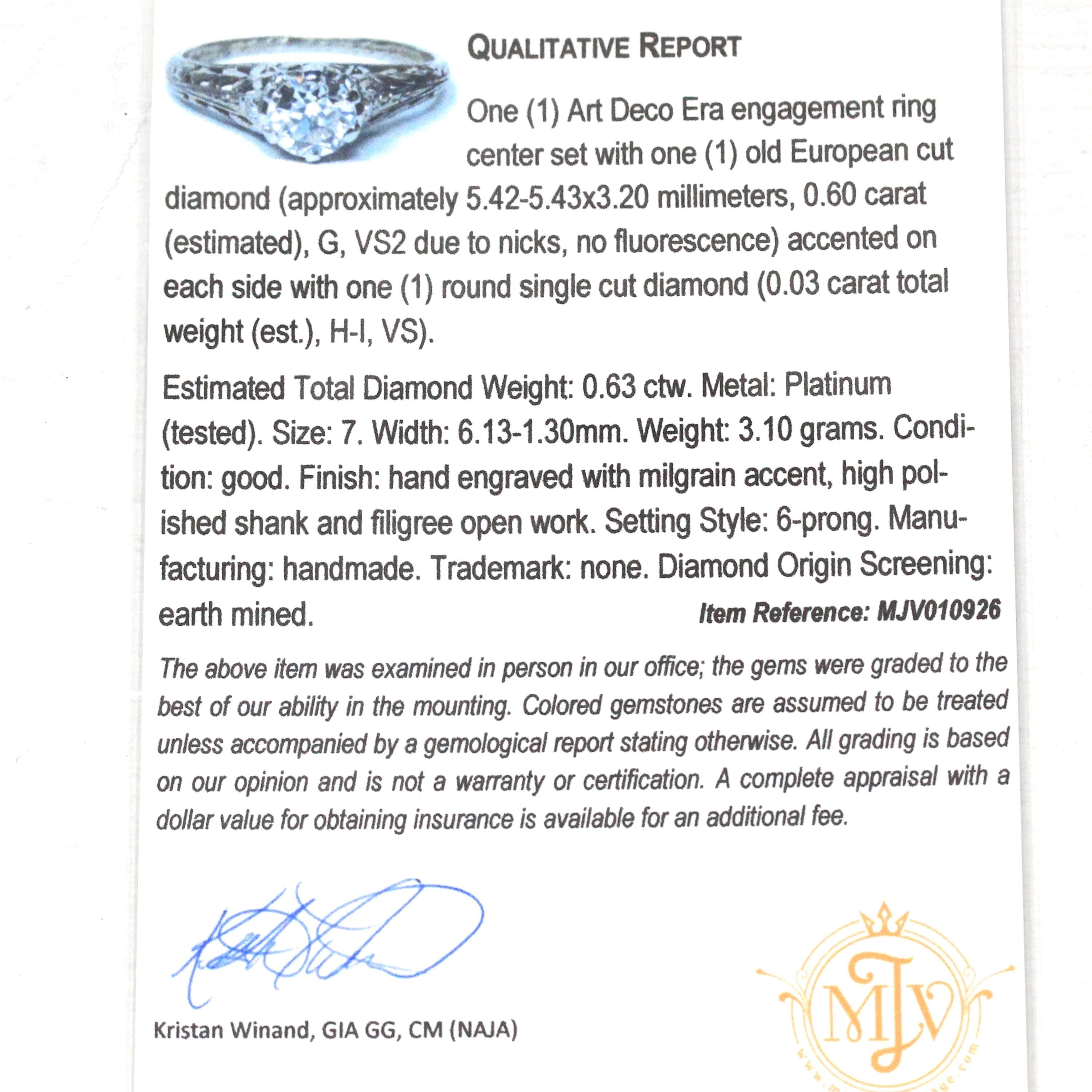 Art Deco Engagement Ring - Platinum Natural .60 CT Old European Diamond - Antique Circa 1920s Era Size 7 Bridal Filigree Fine Report Jewelry