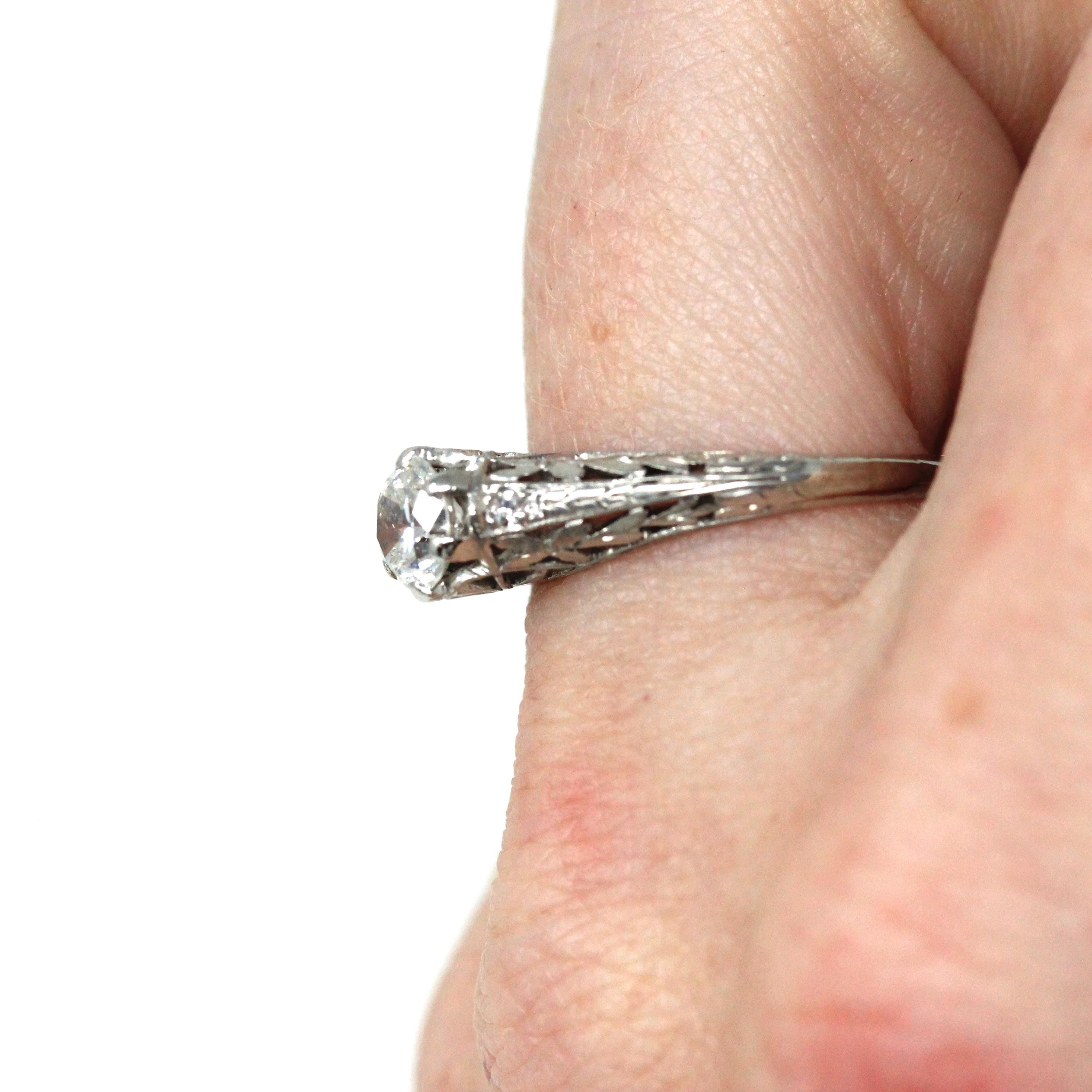 Art Deco Engagement Ring - Platinum Natural .60 CT Old European Diamond - Antique Circa 1920s Era Size 7 Bridal Filigree Fine Report Jewelry