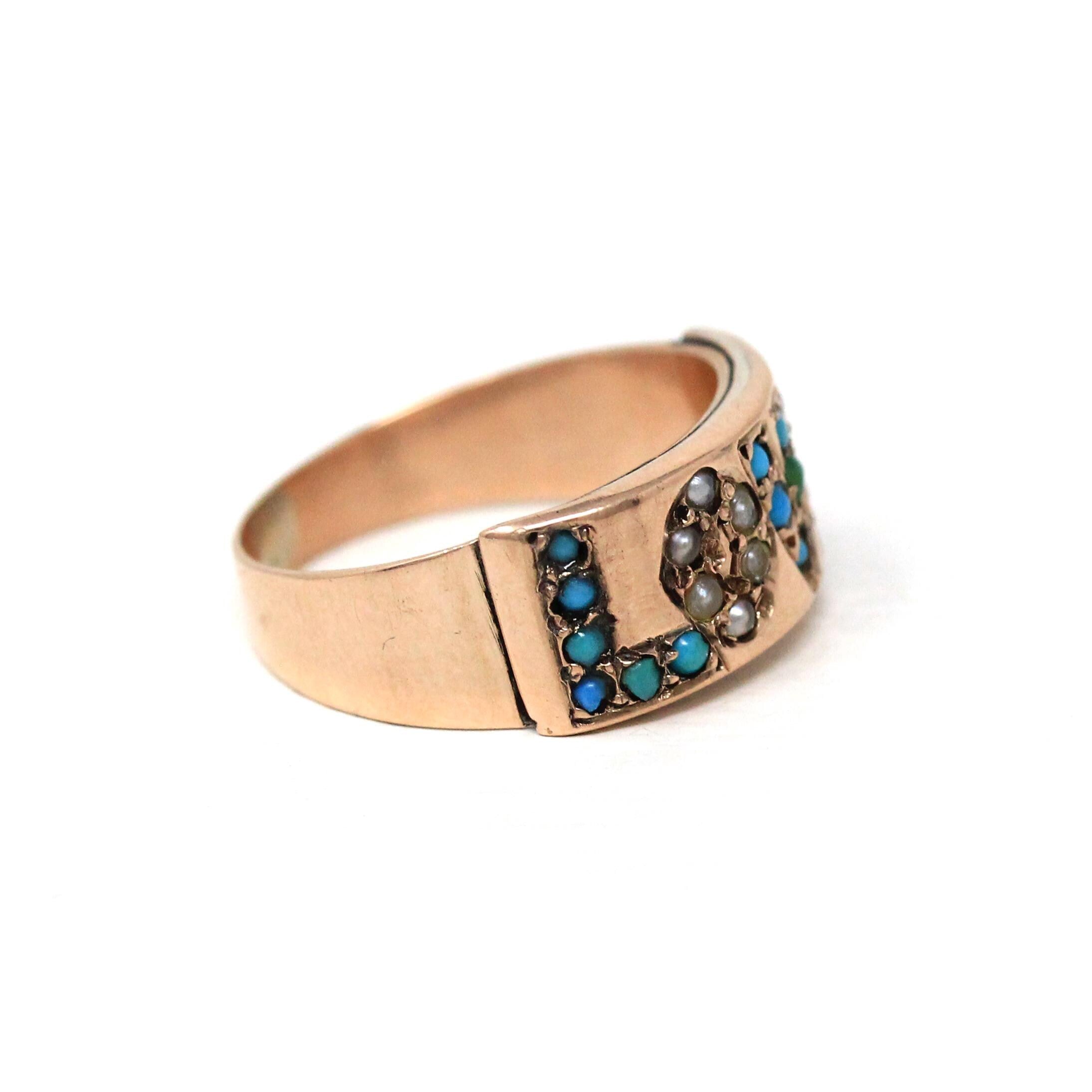 Antique LOVE Ring - Victorian 14k Rose Gold Simulated Turquoise Seed Pearl Gemstones Statement - Late 1800s Era Band Size 5 1/4 Fine Jewelry