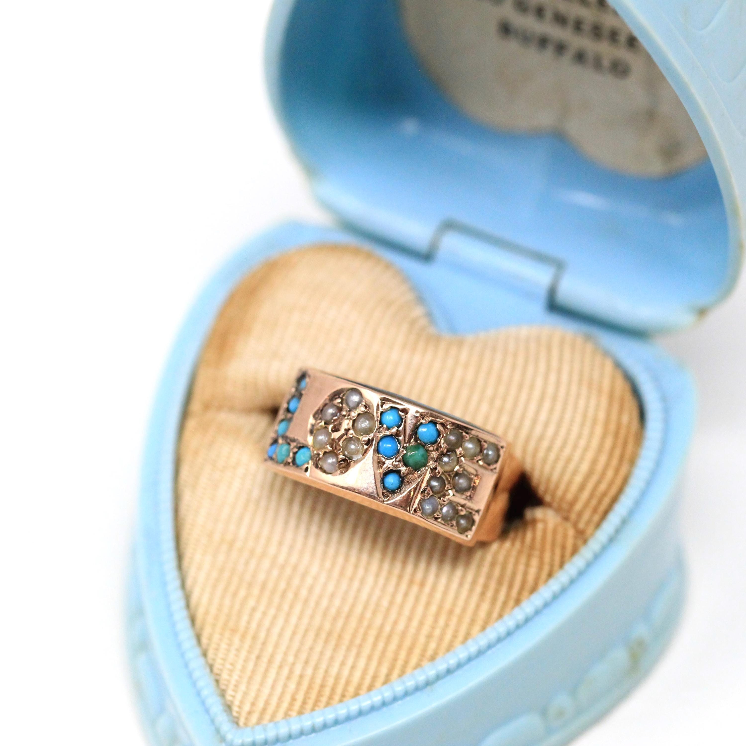 Antique LOVE Ring - Victorian 14k Rose Gold Simulated Turquoise Seed Pearl Gemstones Statement - Late 1800s Era Band Size 5 1/4 Fine Jewelry