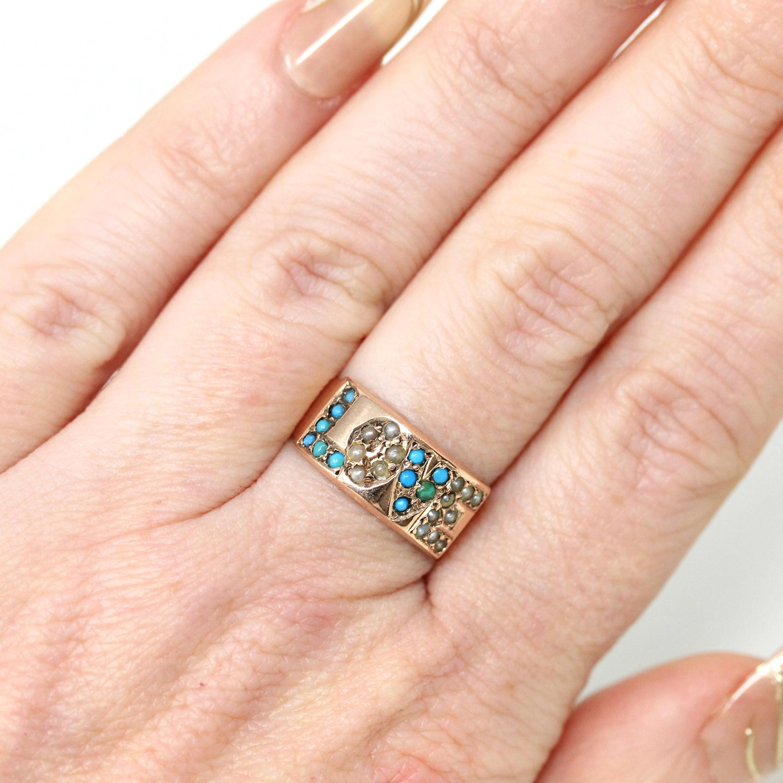Antique LOVE Ring - Victorian 14k Rose Gold Simulated Turquoise Seed Pearl Gemstones Statement - Late 1800s Era Band Size 5 1/4 Fine Jewelry