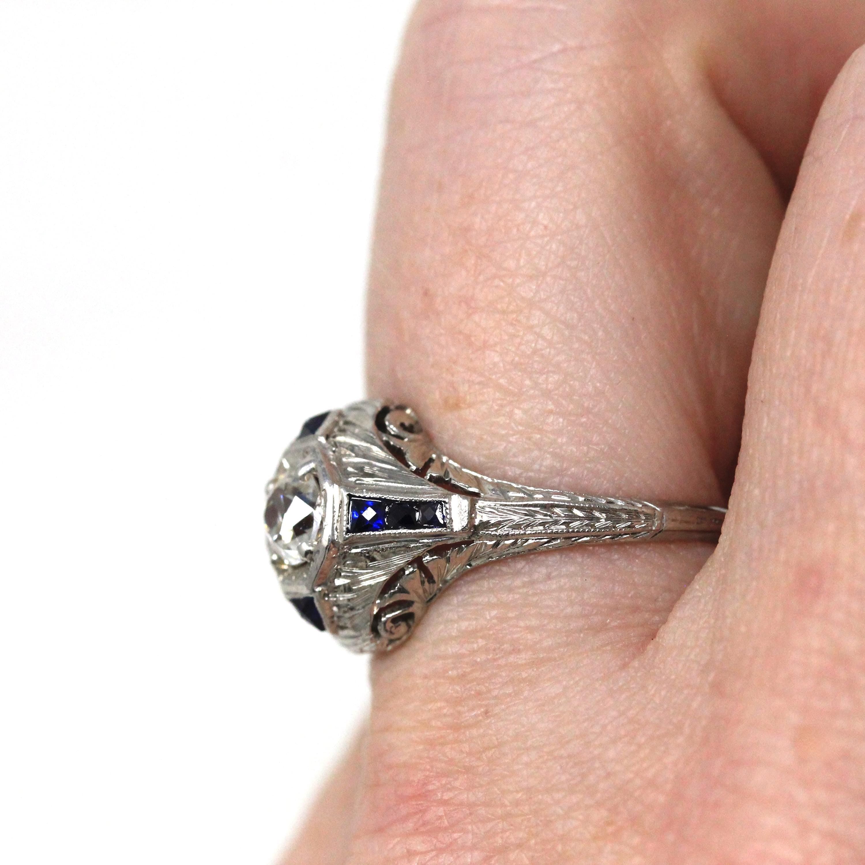 Antique Engagement Ring - Art Deco Era Platinum Filigree Natural Diamond Created Blue Sapphire -Circa 1920s Size 6 1/4 Fine Report Jewelry