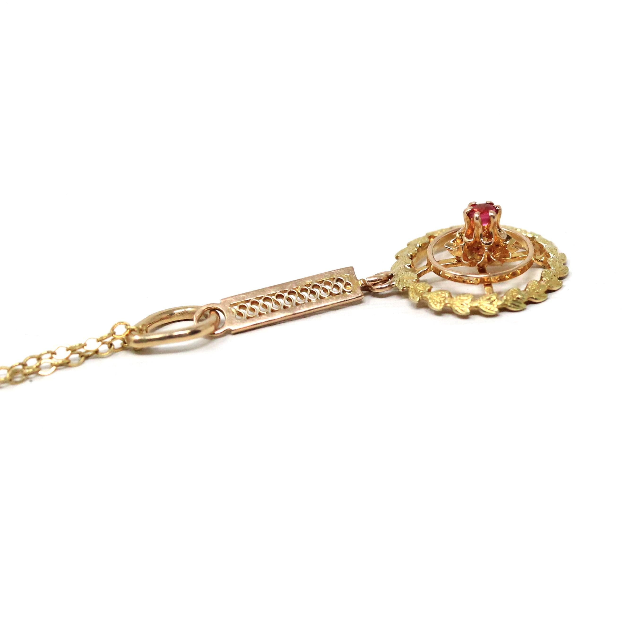 Antique Lavalier Necklace - Edwardian 10k Yellow Gold Garnet Glass Doublet Pendant Charm - Vintage Circa 1910s Era Wreath Leaf Fine Jewelry