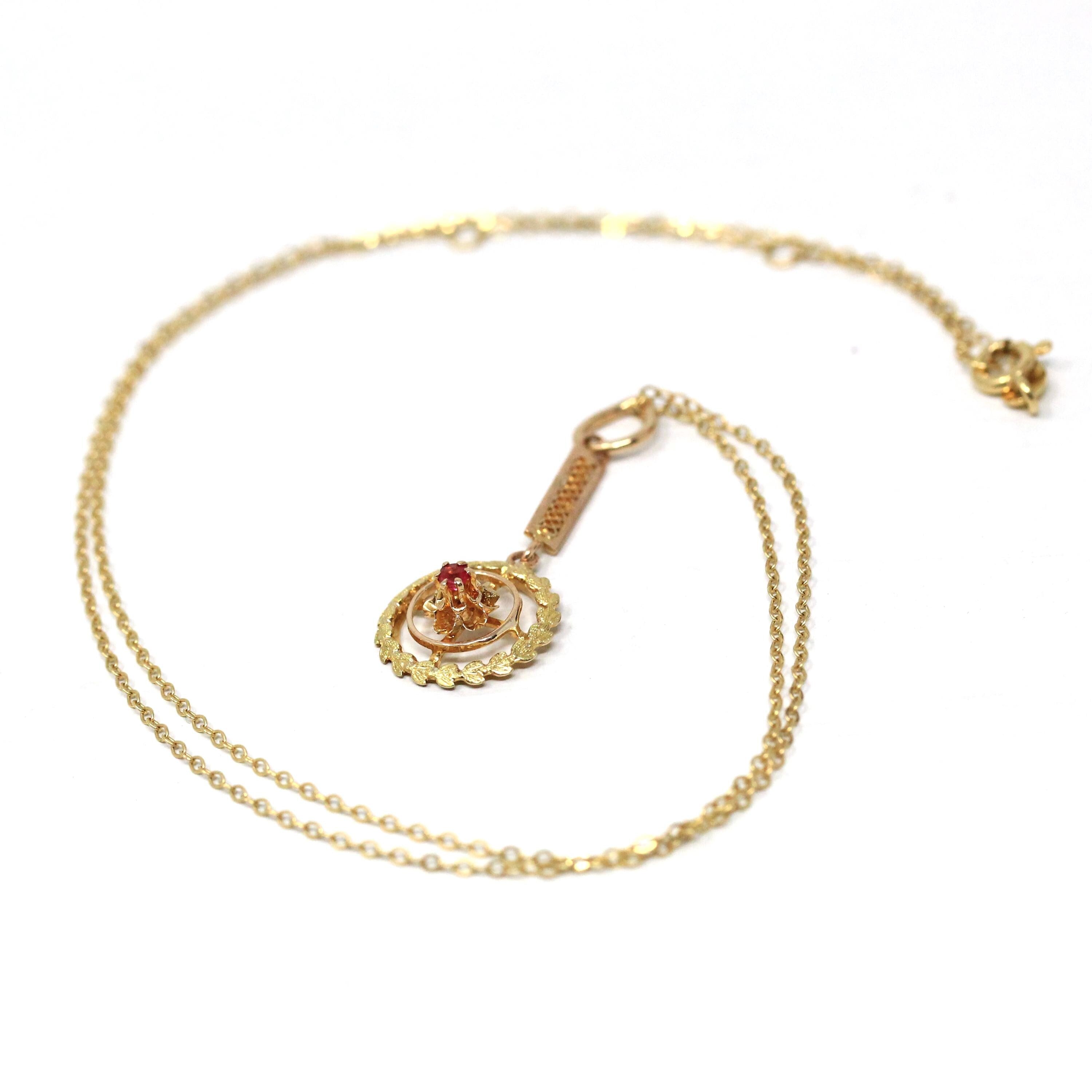 Antique Lavalier Necklace - Edwardian 10k Yellow Gold Garnet Glass Doublet Pendant Charm - Vintage Circa 1910s Era Wreath Leaf Fine Jewelry
