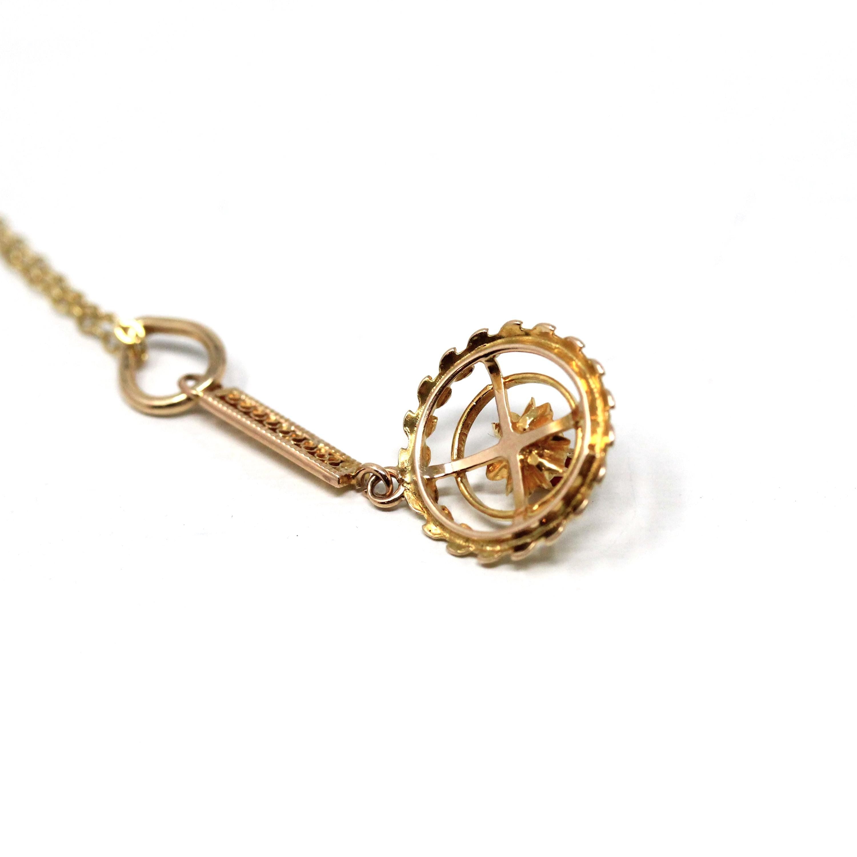 Antique Lavalier Necklace - Edwardian 10k Yellow Gold Garnet Glass Doublet Pendant Charm - Vintage Circa 1910s Era Wreath Leaf Fine Jewelry