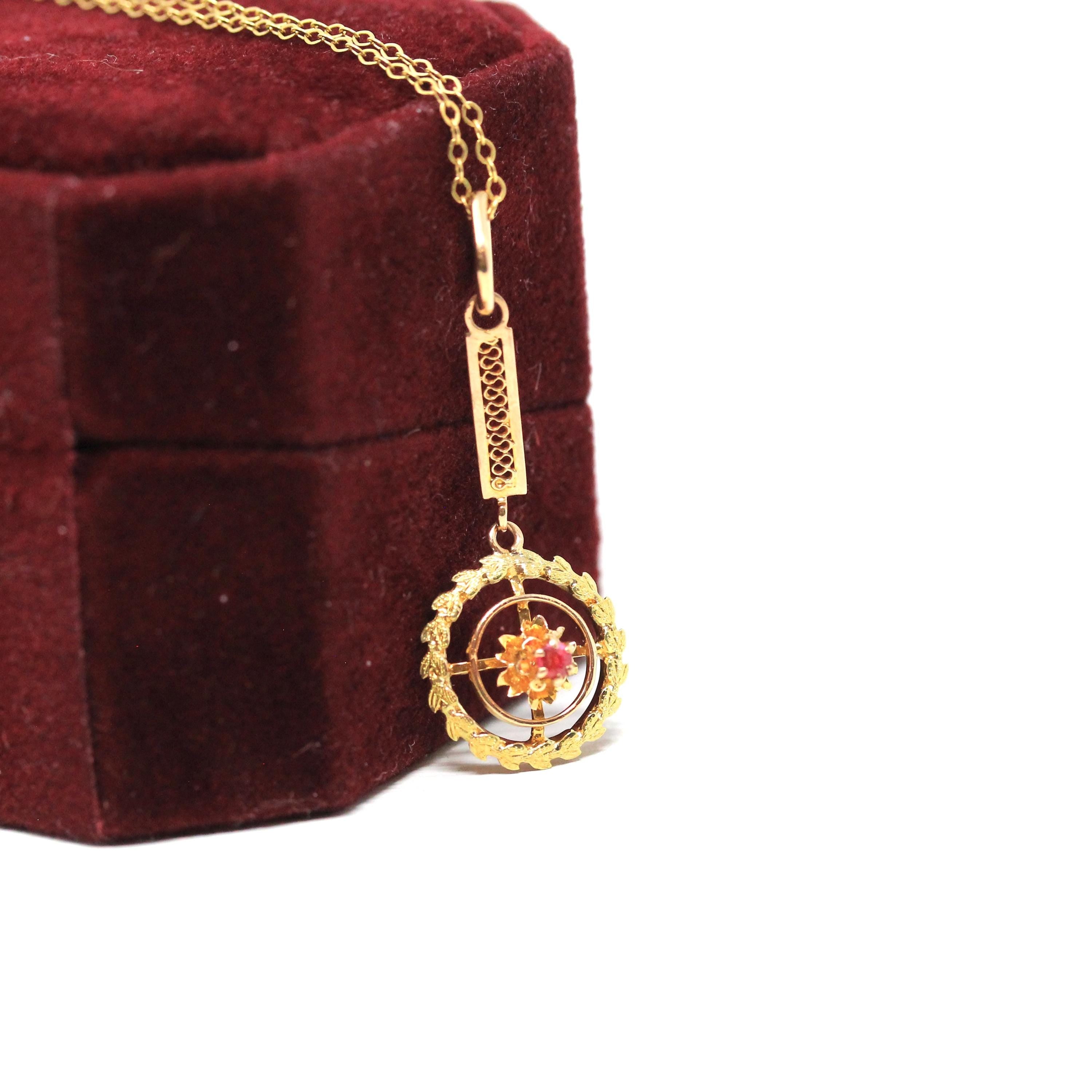 Antique Lavalier Necklace - Edwardian 10k Yellow Gold Garnet Glass Doublet Pendant Charm - Vintage Circa 1910s Era Wreath Leaf Fine Jewelry