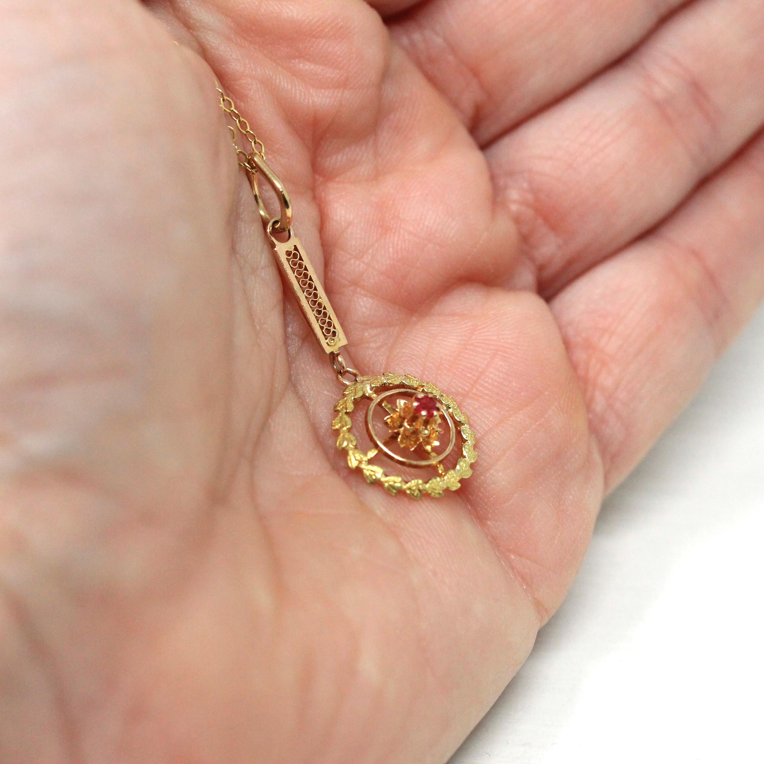 Antique Lavalier Necklace - Edwardian 10k Yellow Gold Garnet Glass Doublet Pendant Charm - Vintage Circa 1910s Era Wreath Leaf Fine Jewelry