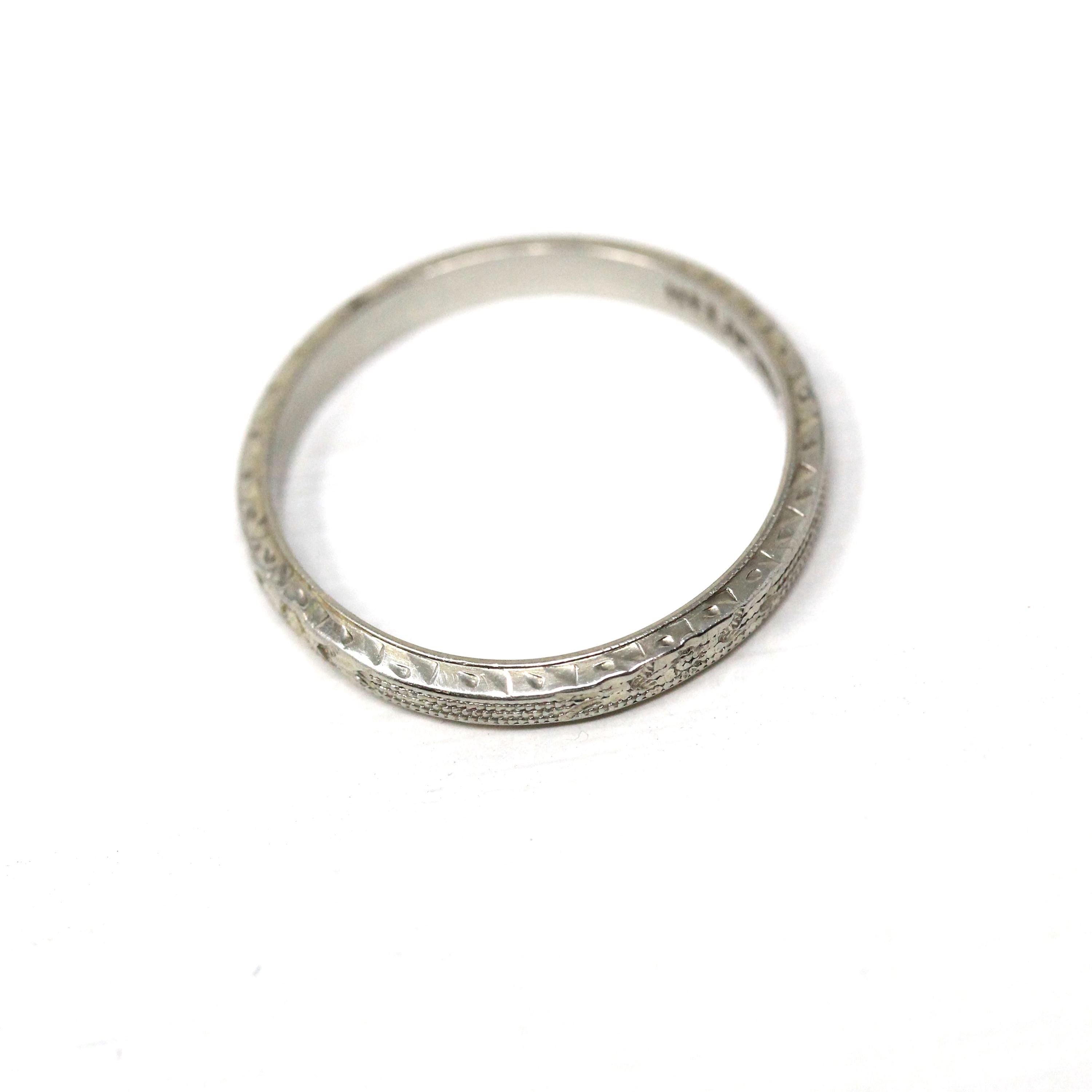 Belais Wedding Band - Art Deco 18k White Gold Engraved Orange Blossom Flower Ring - Antique Circa 1920s Size 6 Fine Signed Bridal Jewelry