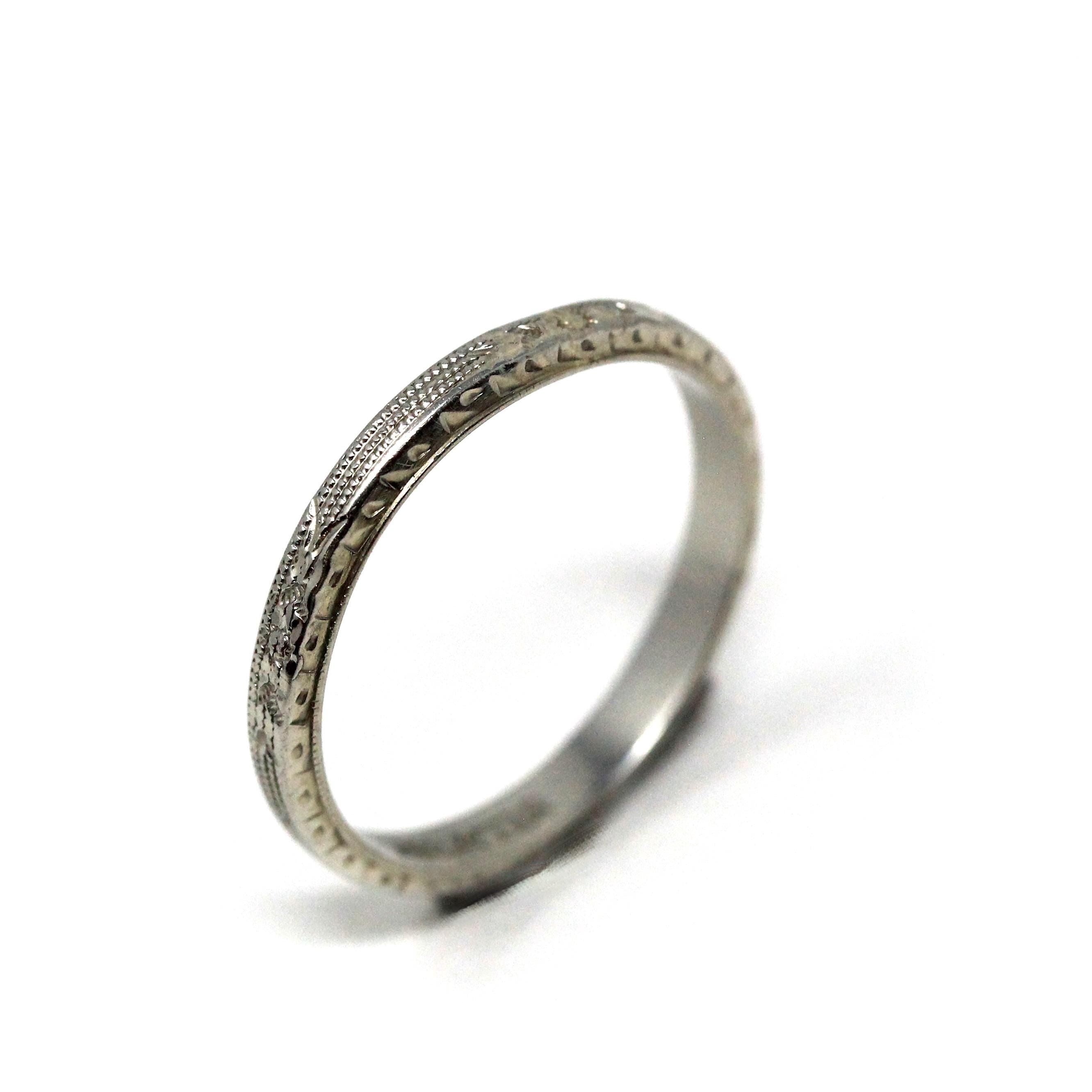 Belais Wedding Band - Art Deco 18k White Gold Engraved Orange Blossom Flower Ring - Antique Circa 1920s Size 6 Fine Signed Bridal Jewelry