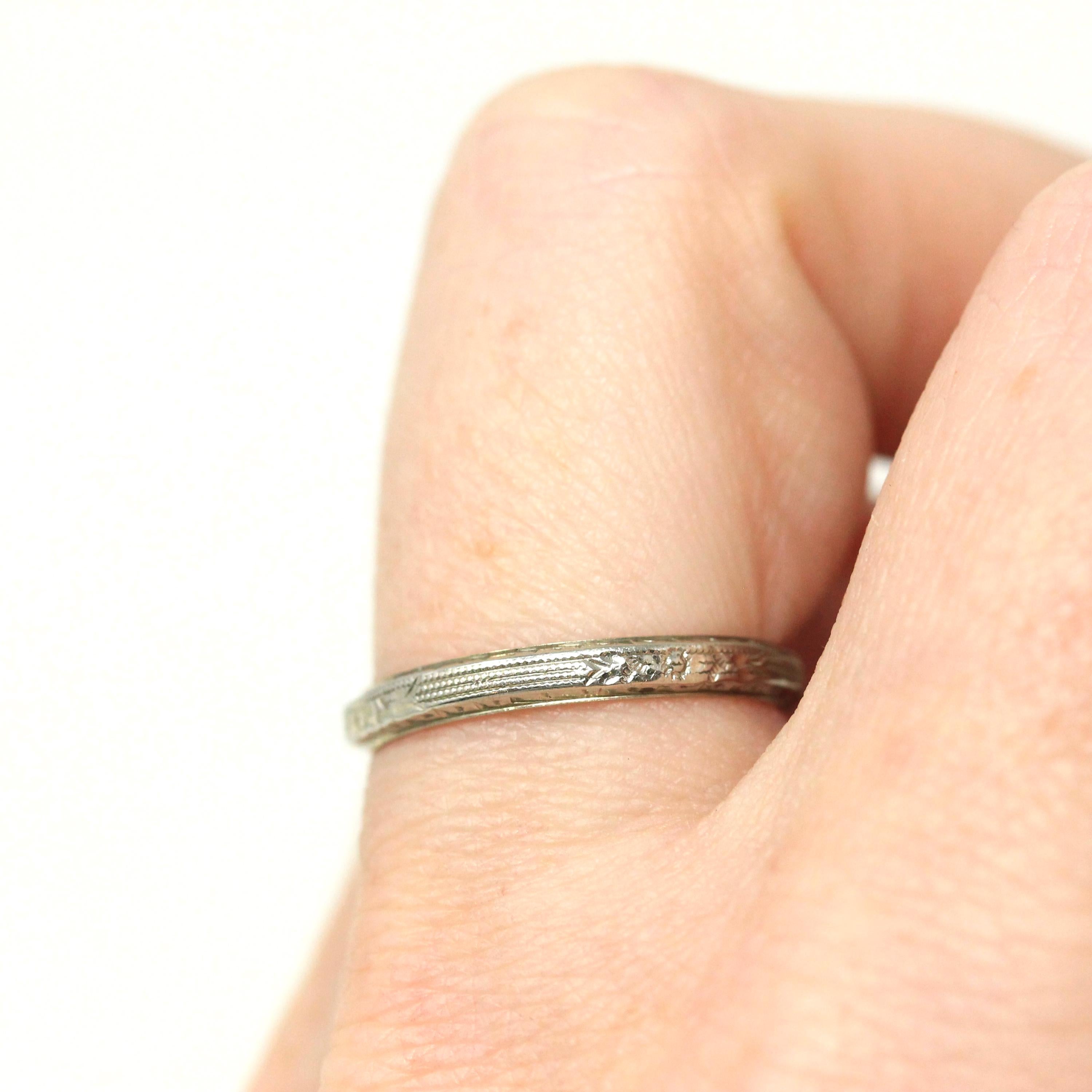 Belais Wedding Band - Art Deco 18k White Gold Engraved Orange Blossom Flower Ring - Antique Circa 1920s Size 6 Fine Signed Bridal Jewelry