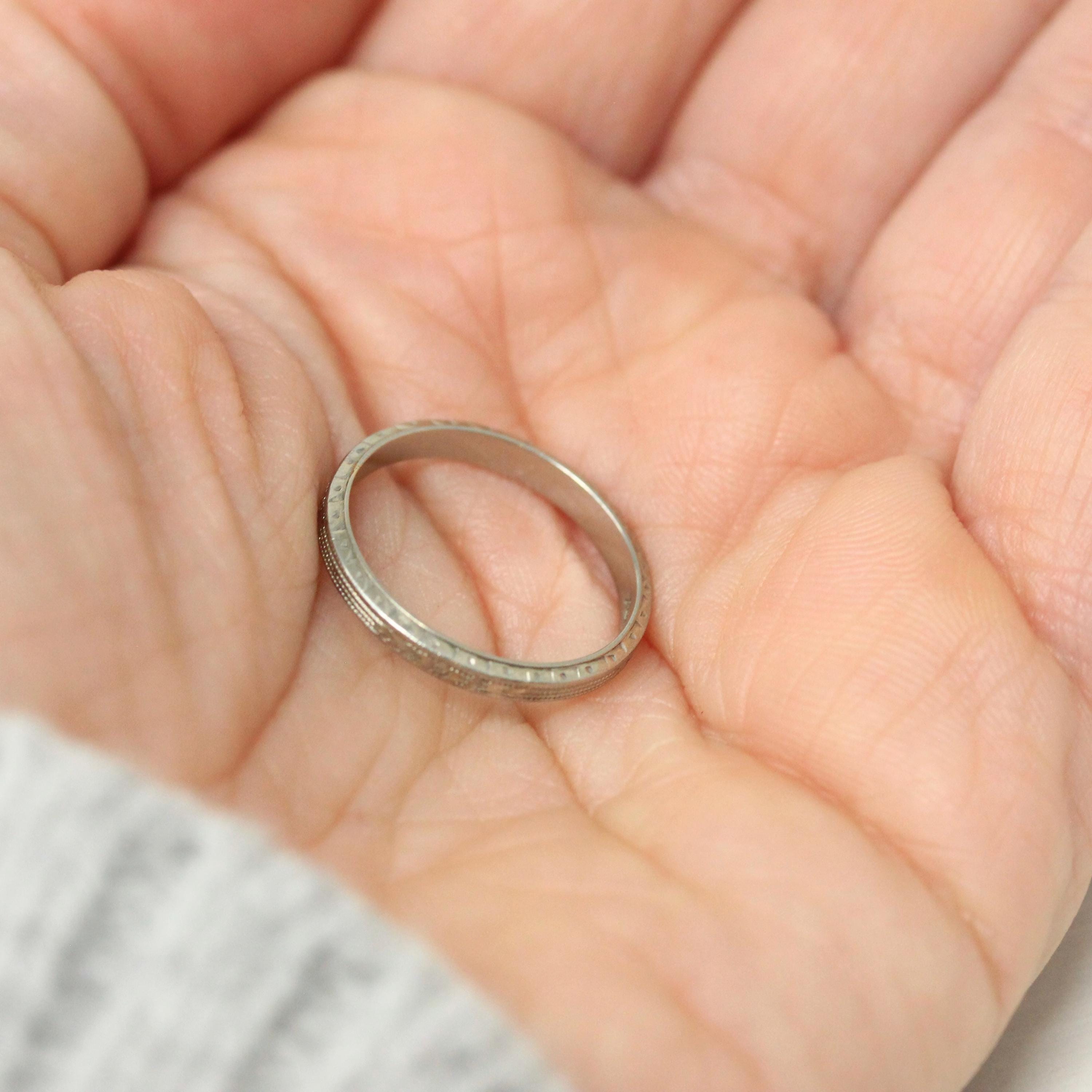 Belais Wedding Band - Art Deco 18k White Gold Engraved Orange Blossom Flower Ring - Antique Circa 1920s Size 6 Fine Signed Bridal Jewelry