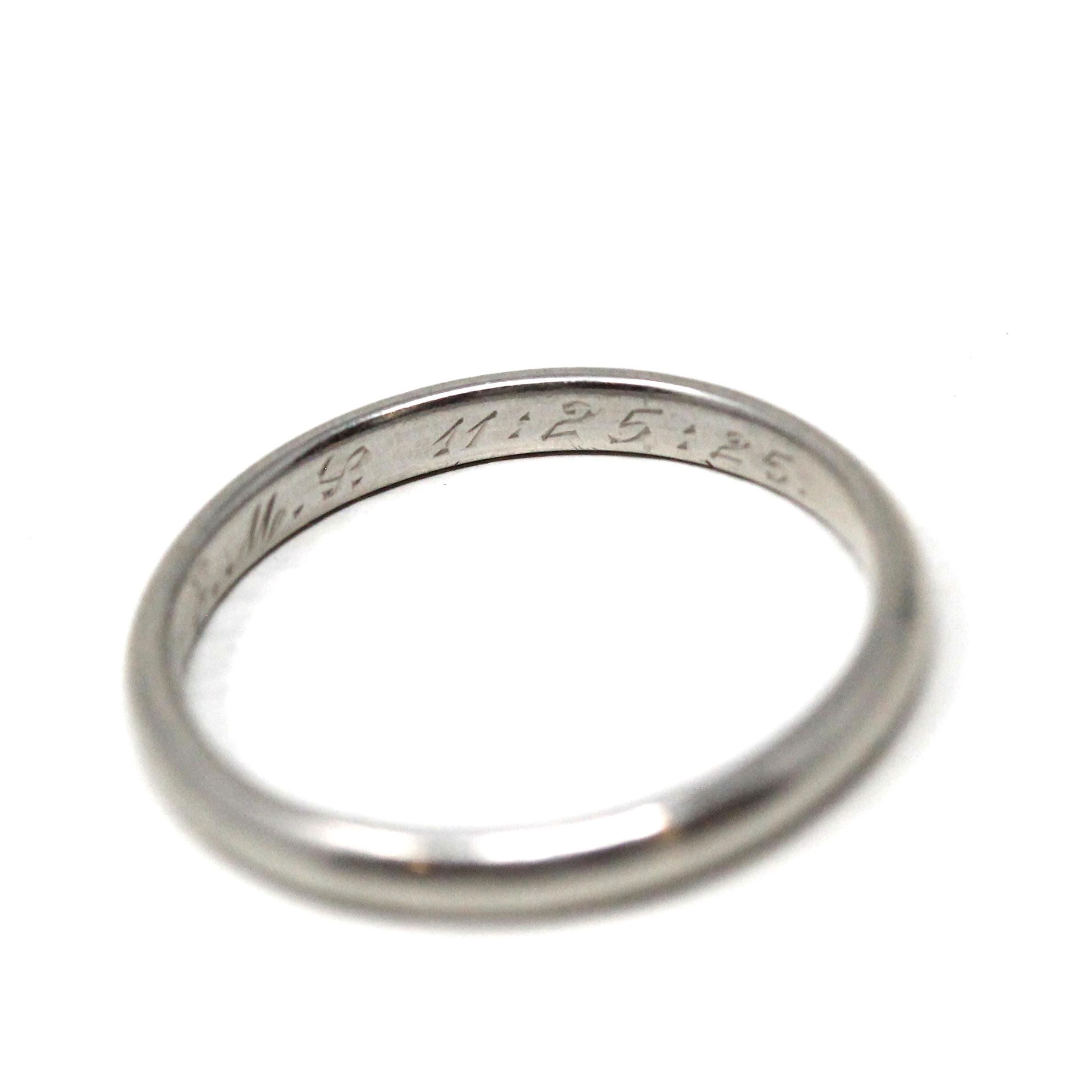 Art Deco Wedding Band - Antique Platinum Unadorned Bridal Ring - Engraved RWM to EML 11-25-25 Size 5 Polished Heirloom Fine Stacking Jewelry