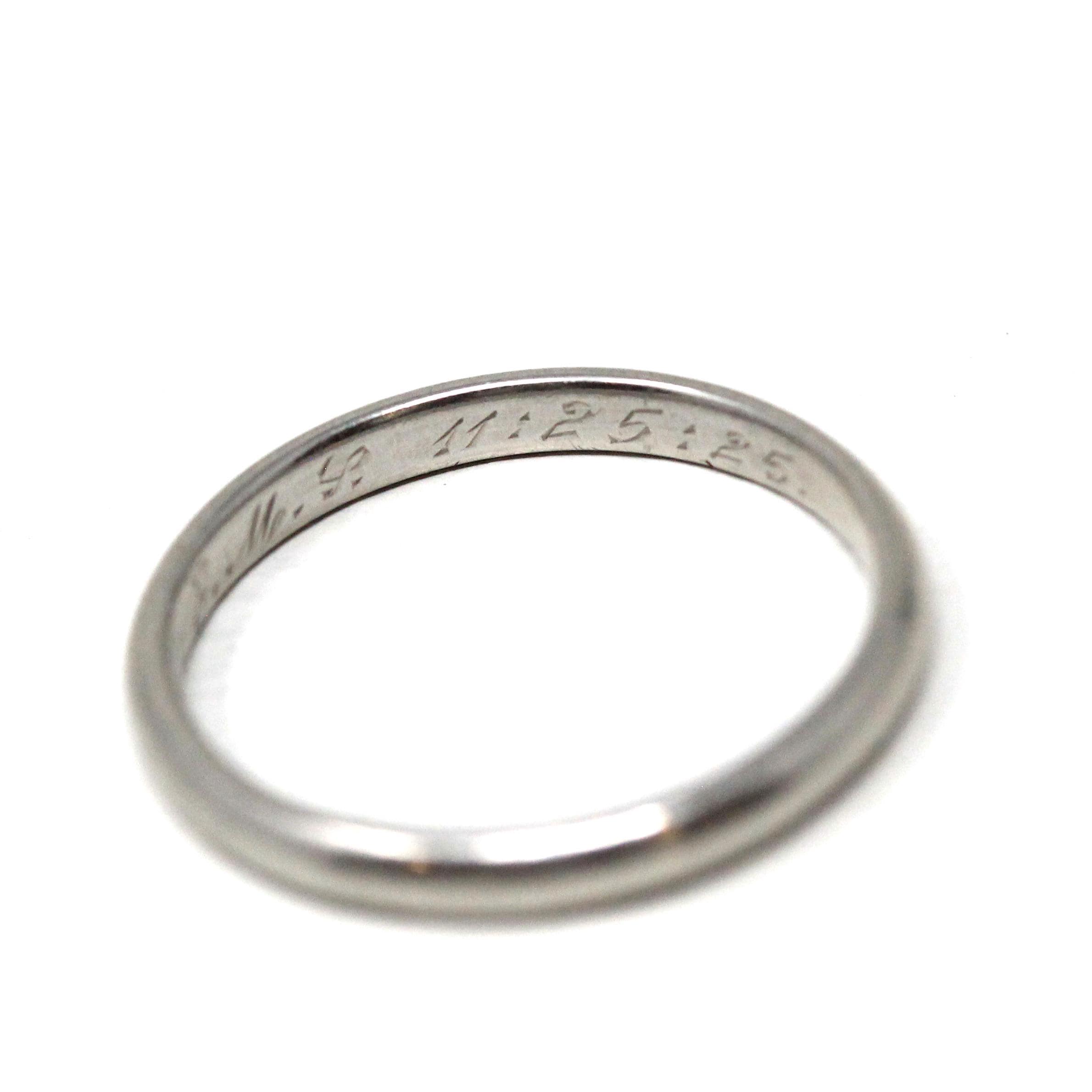 Art Deco Wedding Band - Antique Platinum Unadorned Bridal Ring - Engraved RWM to EML 11-25-25 Size 5 Polished Heirloom Fine Stacking Jewelry