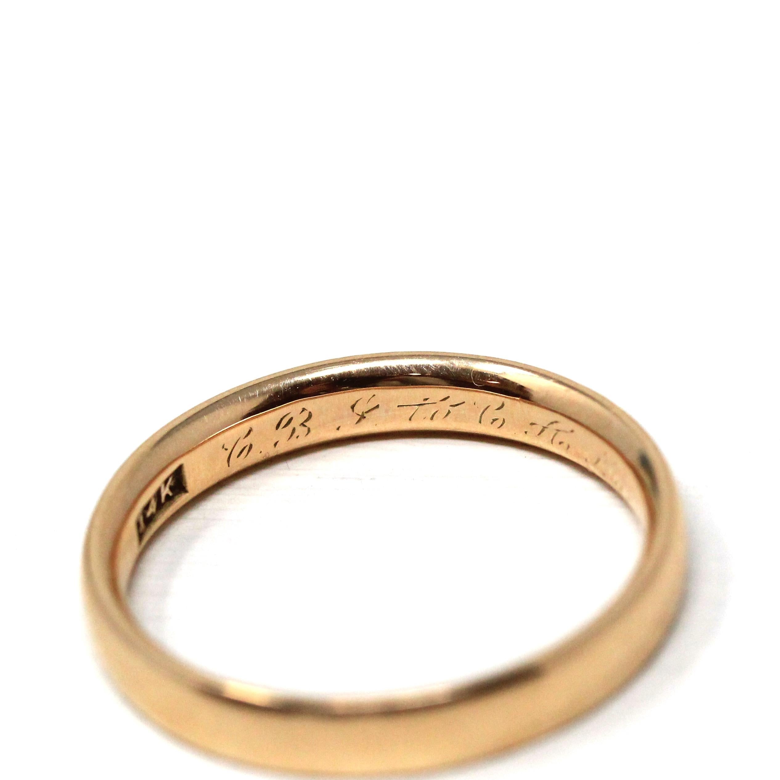 Edwardian Wedding Band - Antique 14k Rosy Yellow Gold Polished Ring - Circa 1910s Size 8 1/2 Stacking Fine Engraved CBJ to CAM Fine Jewelry