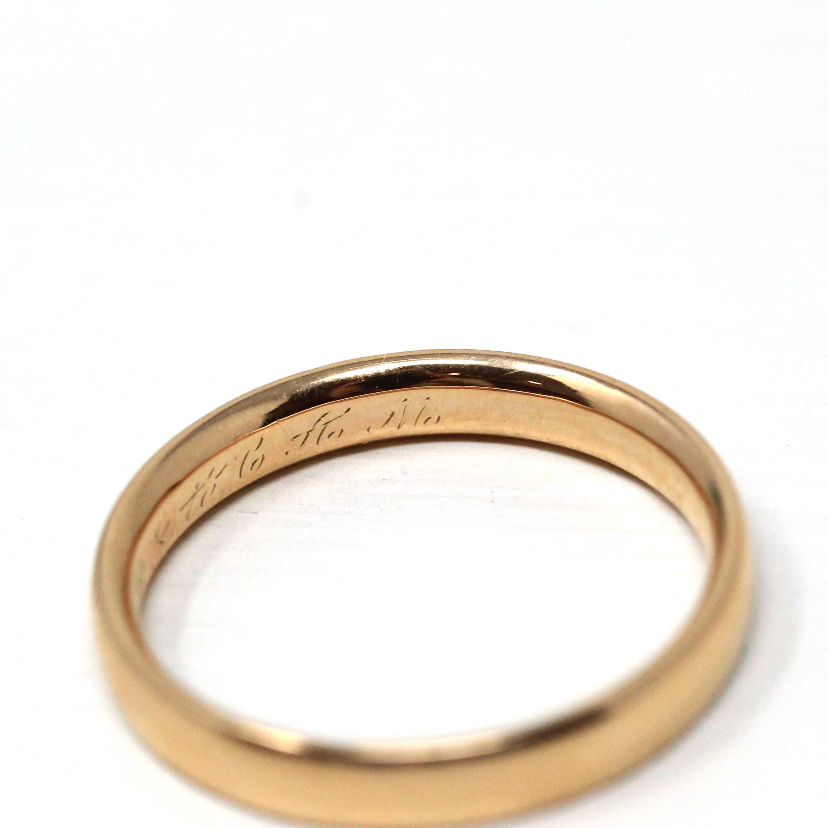 Edwardian Wedding Band - Antique 14k Rosy Yellow Gold Polished Ring - Circa 1910s Size 8 1/2 Stacking Fine Engraved CBJ to CAM Fine Jewelry