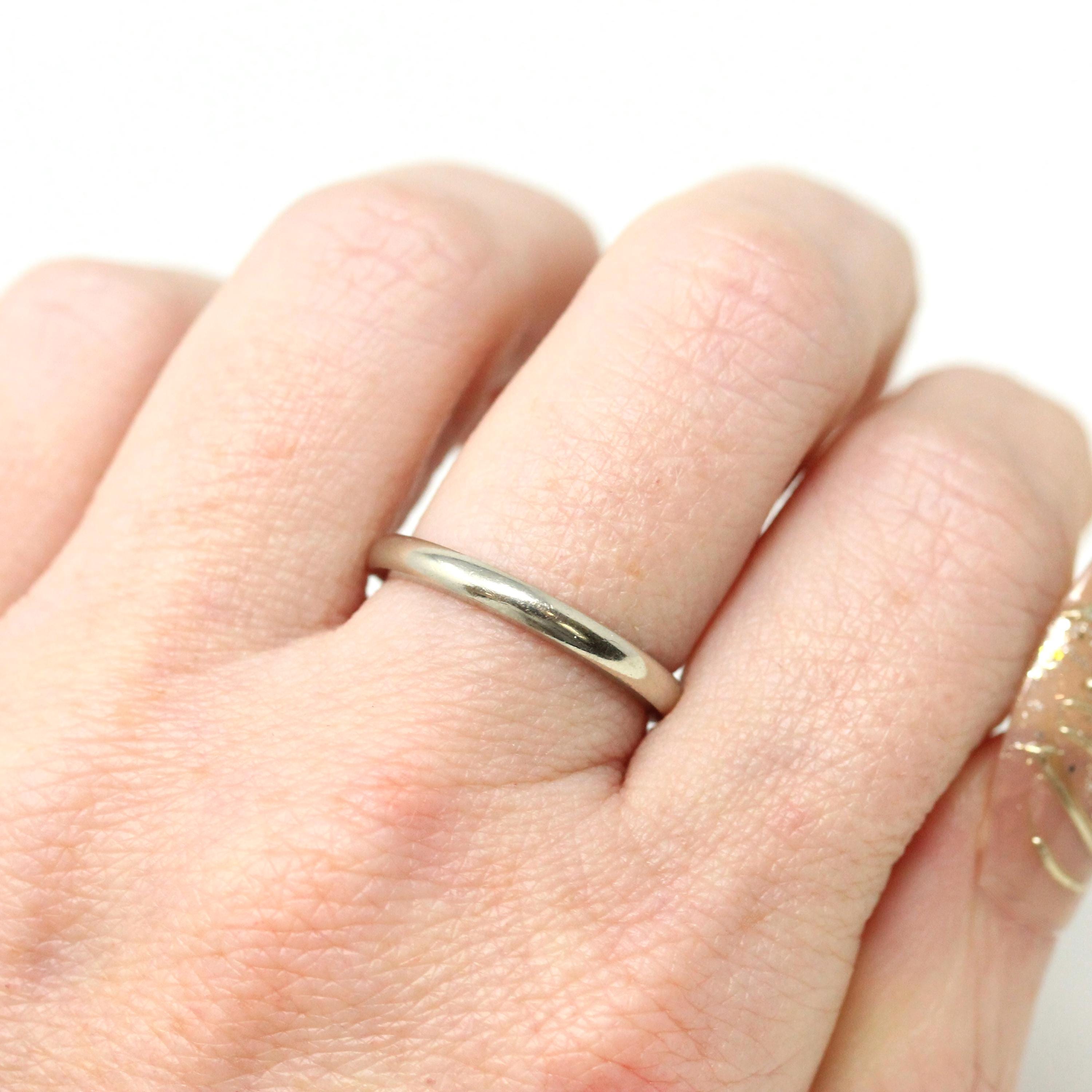 Mid Century Wedding Band - Vintage Era 14k White Gold Plain Stacking Ring - Dated 1956 Size 6 Signed Art Carved JR Wood Bridal Fine Jewelry