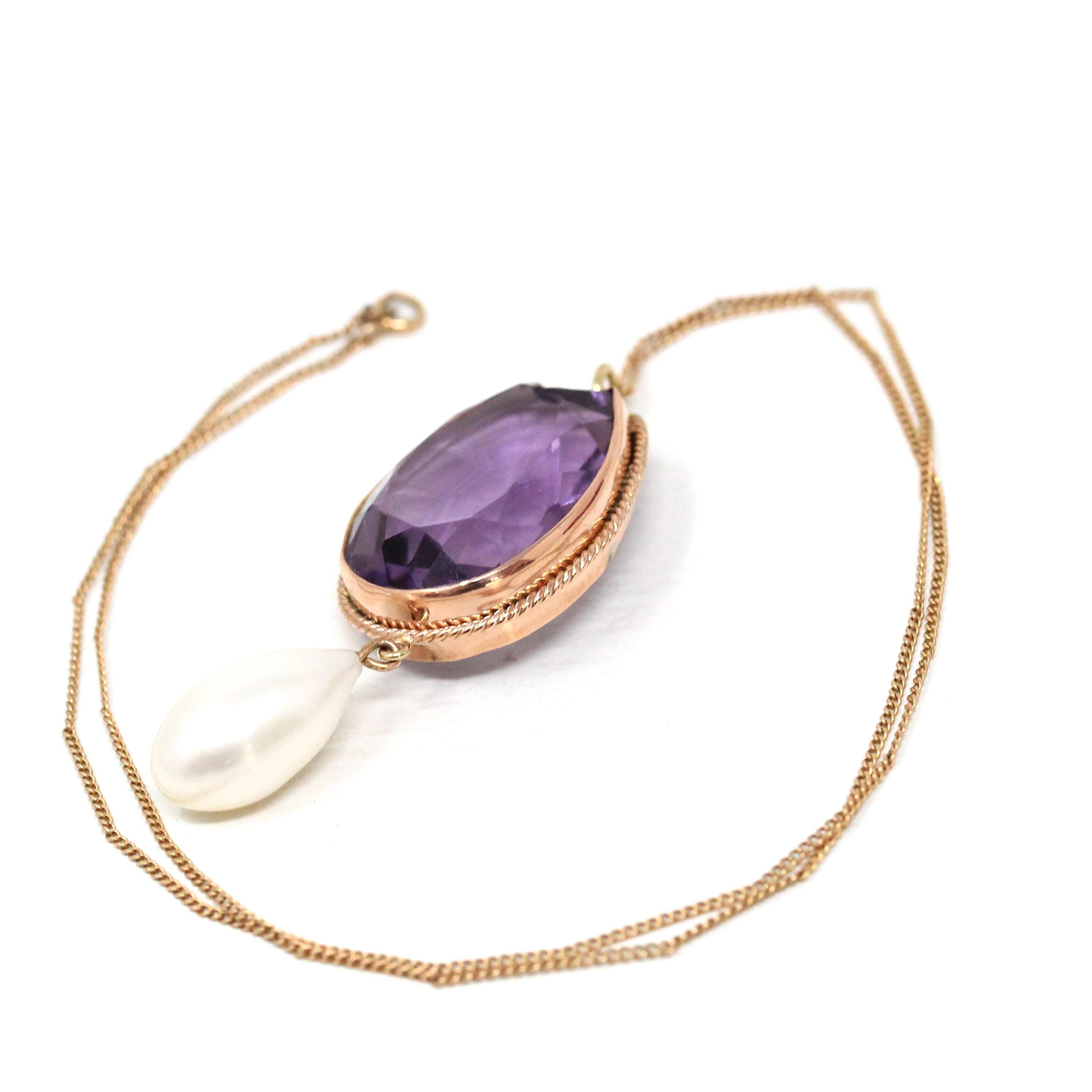 Amethyst & Pearl Necklace - Edwardian Era 9k Rose Yellow Gold Brooch Conversion Pendant - Antique 1900s Fantasy Cut 18 CT Gems Fine Jewelry