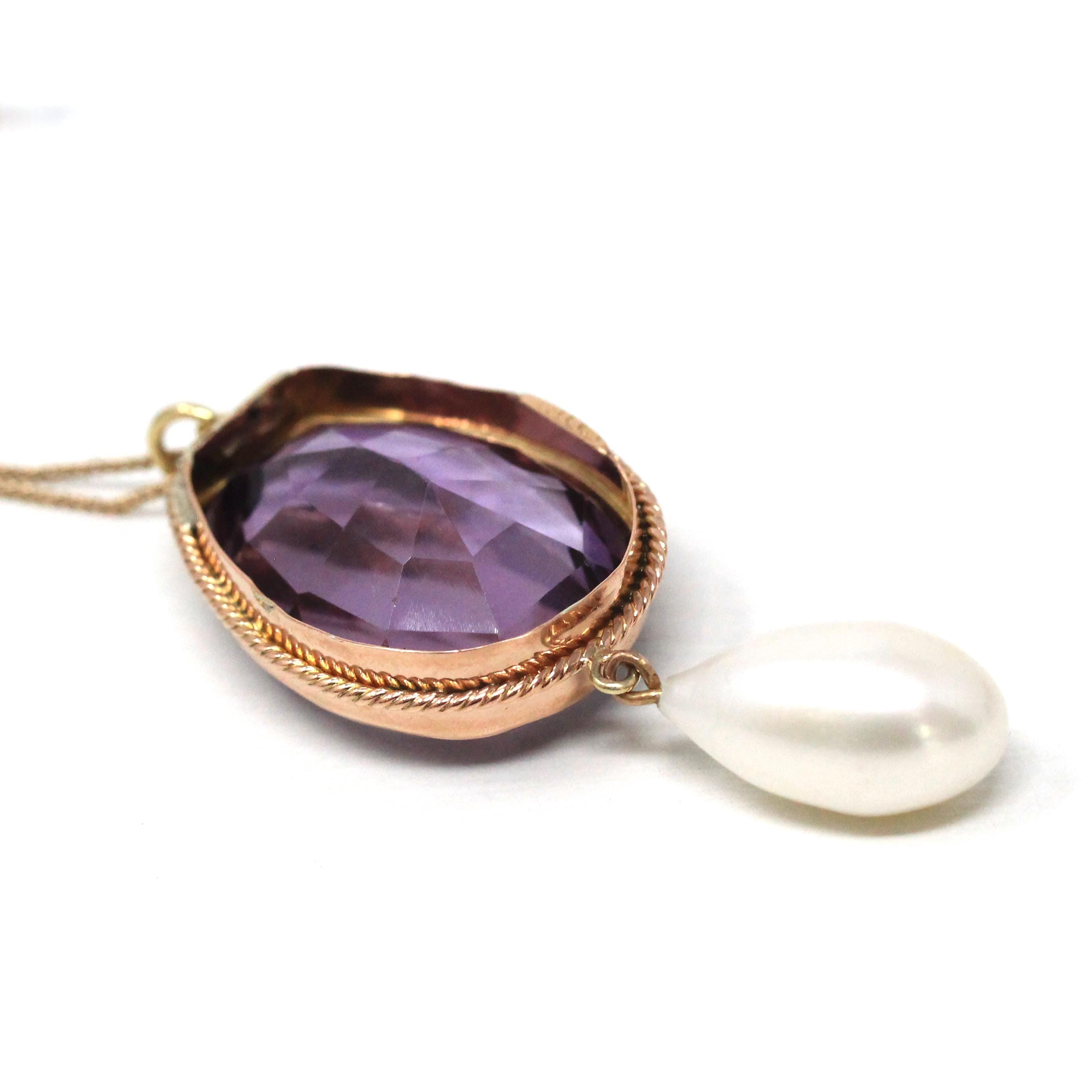 Amethyst & Pearl Necklace - Edwardian Era 9k Rose Yellow Gold Brooch Conversion Pendant - Antique 1900s Fantasy Cut 18 CT Gems Fine Jewelry
