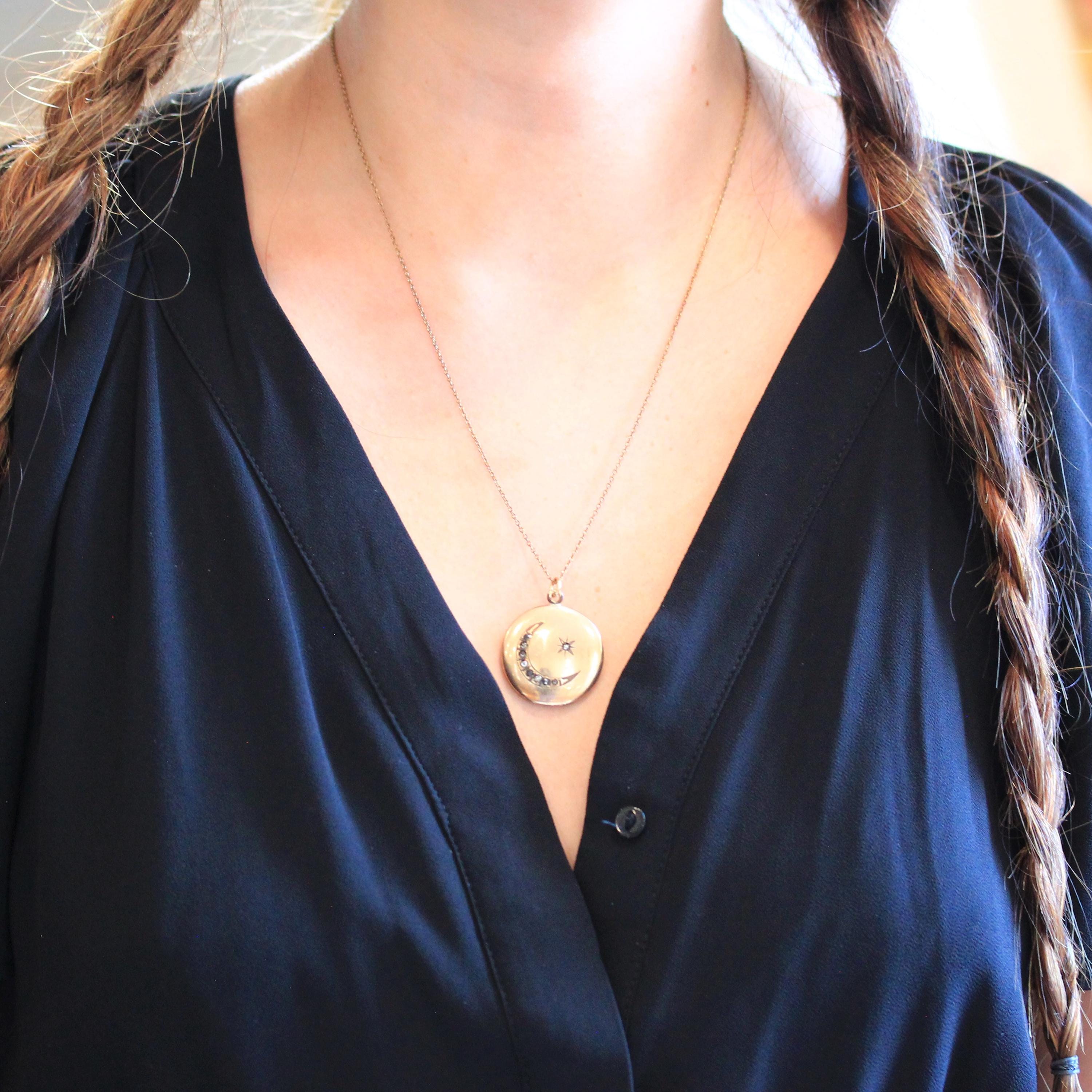 Star & Moon Locket - Antique Gold Filled Rhinestones Paste Pendant Necklace Charm - Edwardian 1900s Era Celestial Crescent Photo Jewelry