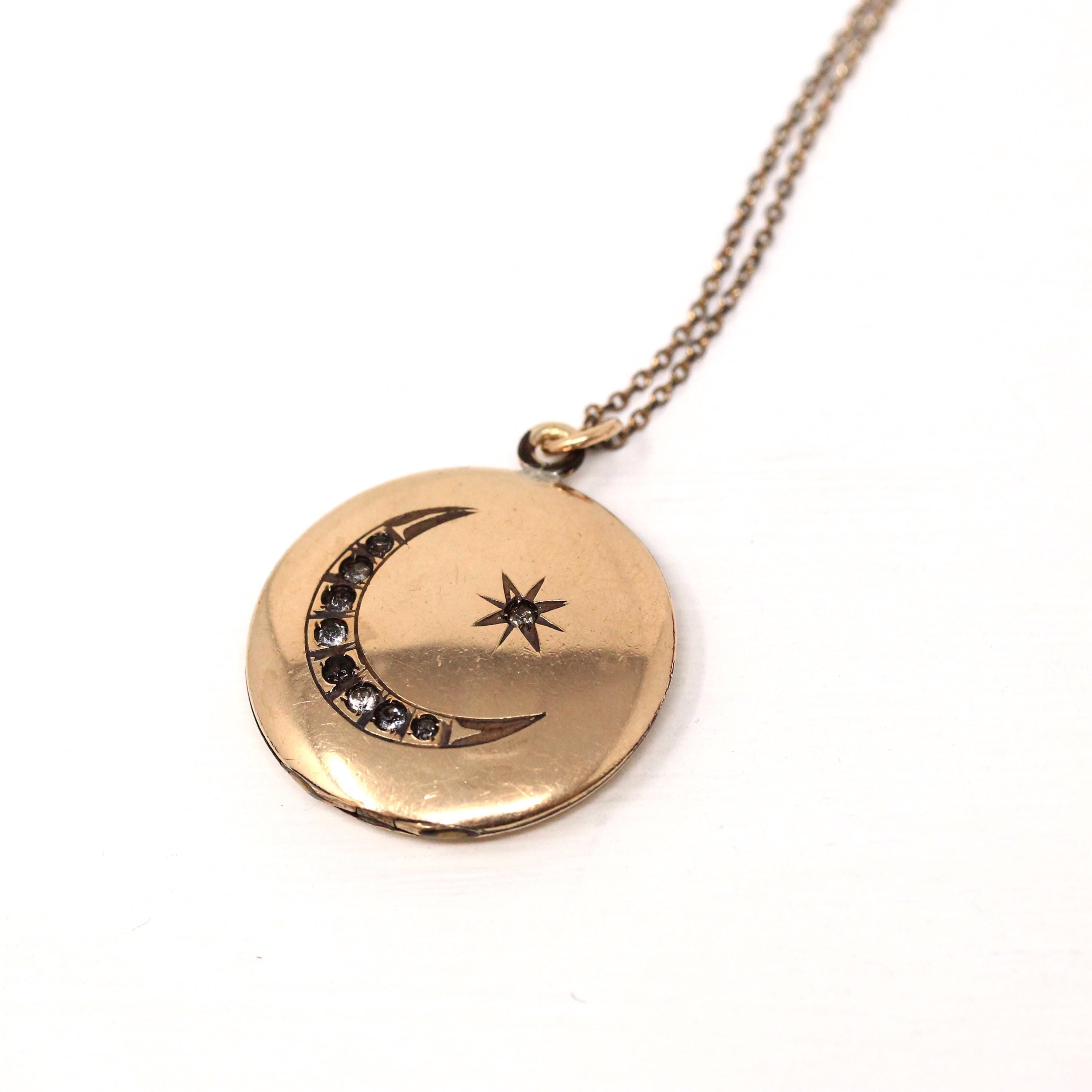 Star & Moon Locket - Antique Gold Filled Rhinestones Paste Pendant Necklace Charm - Edwardian 1900s Era Celestial Crescent Photo Jewelry