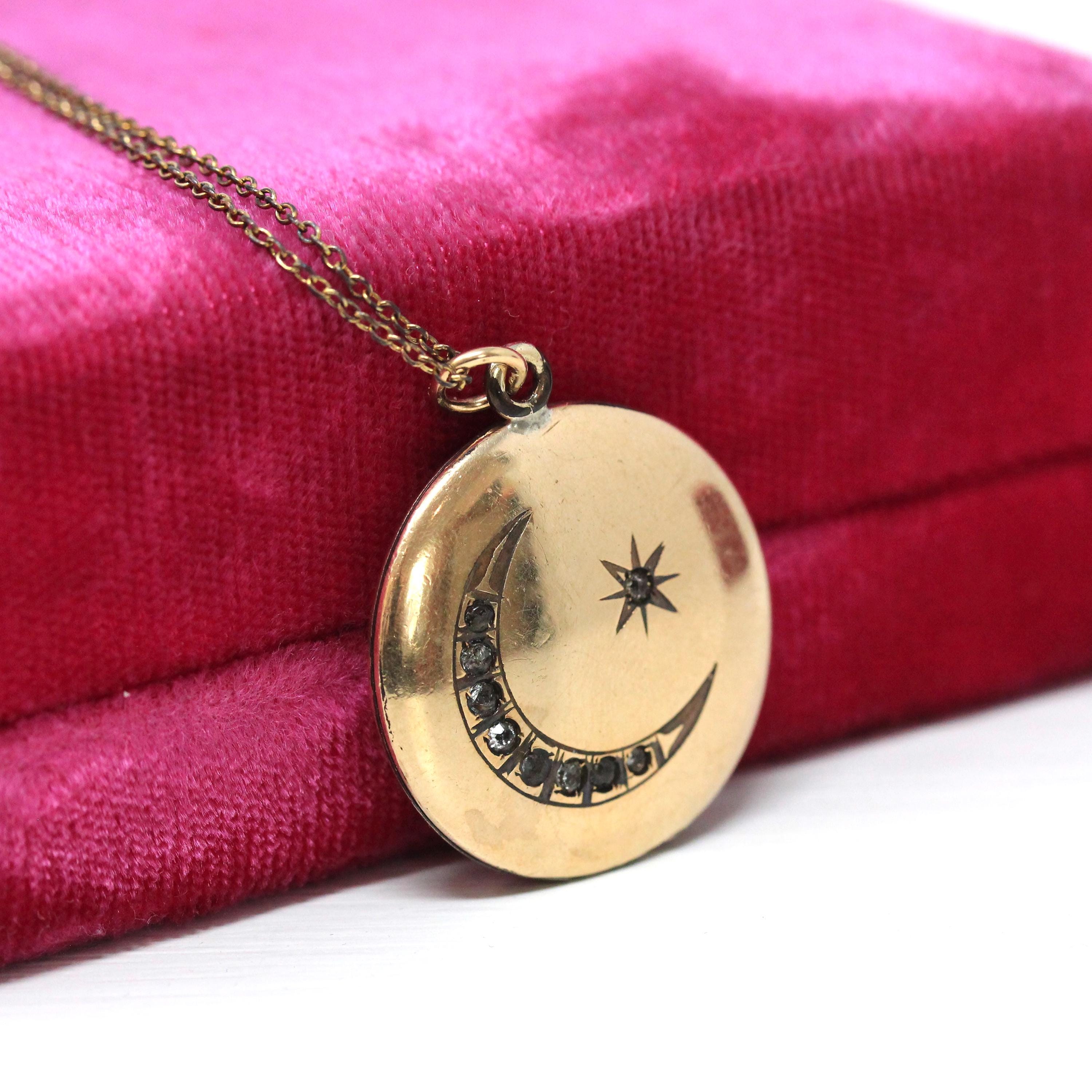 Star & Moon Locket - Antique Gold Filled Rhinestones Paste Pendant Necklace Charm - Edwardian 1900s Era Celestial Crescent Photo Jewelry