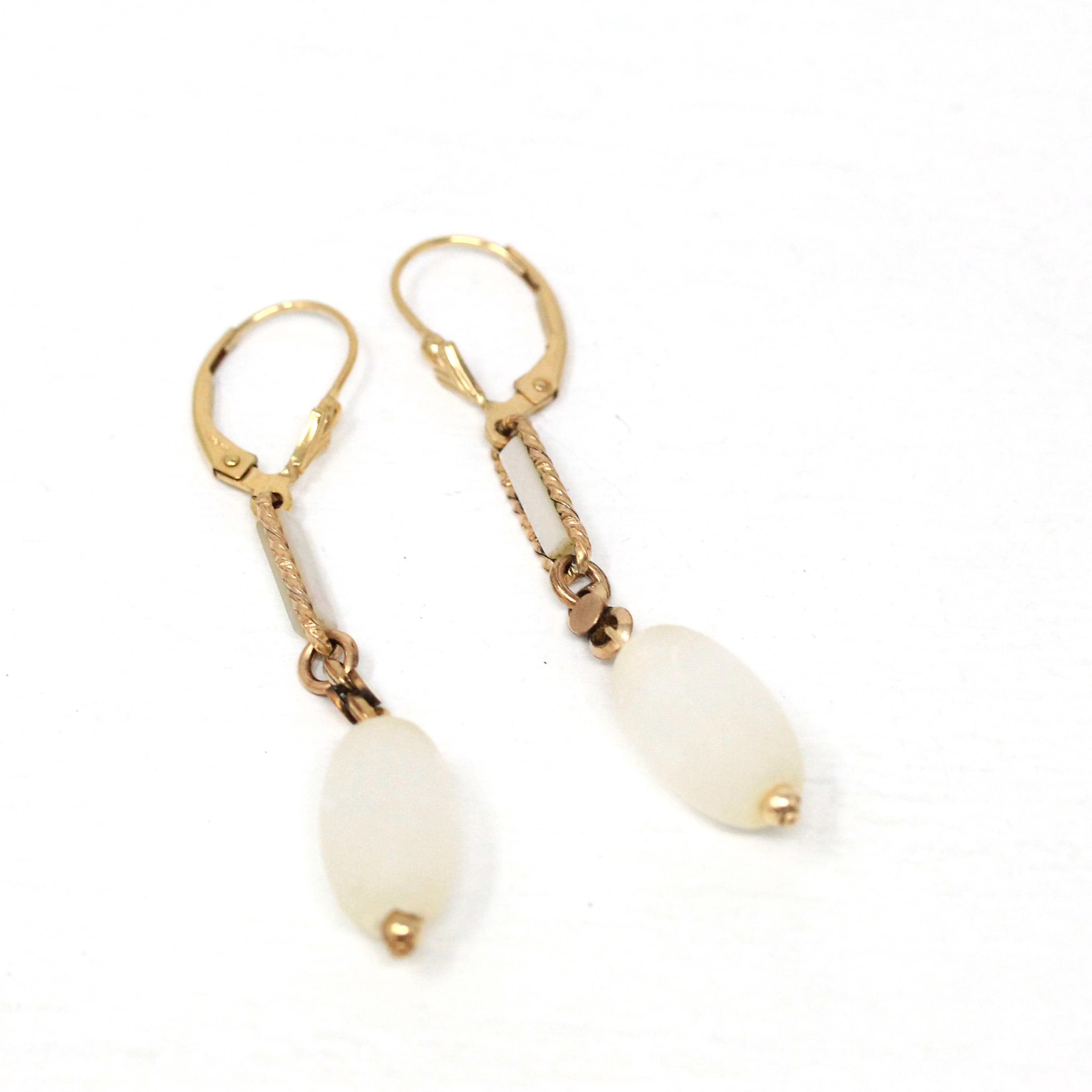 Antique Feldspar Earrings - Victorian Gold Filled Pocket Watch Conversion - Circa 1890s Era Lever Backs Statement Fashion Accessory Jewelry