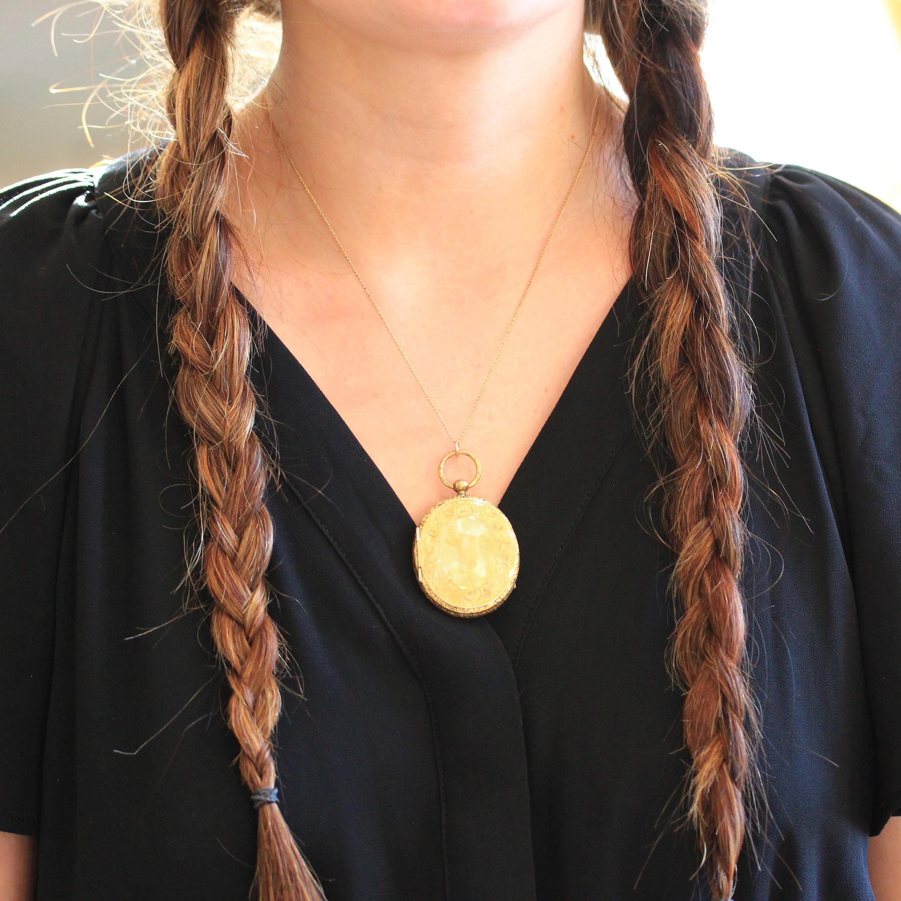 Antique Fob Locket - Victorian Gold Filled Engraved Designs Oval Pendant Necklace - Circa 1890s Era Keepsake Photograph Compartment Jewelry