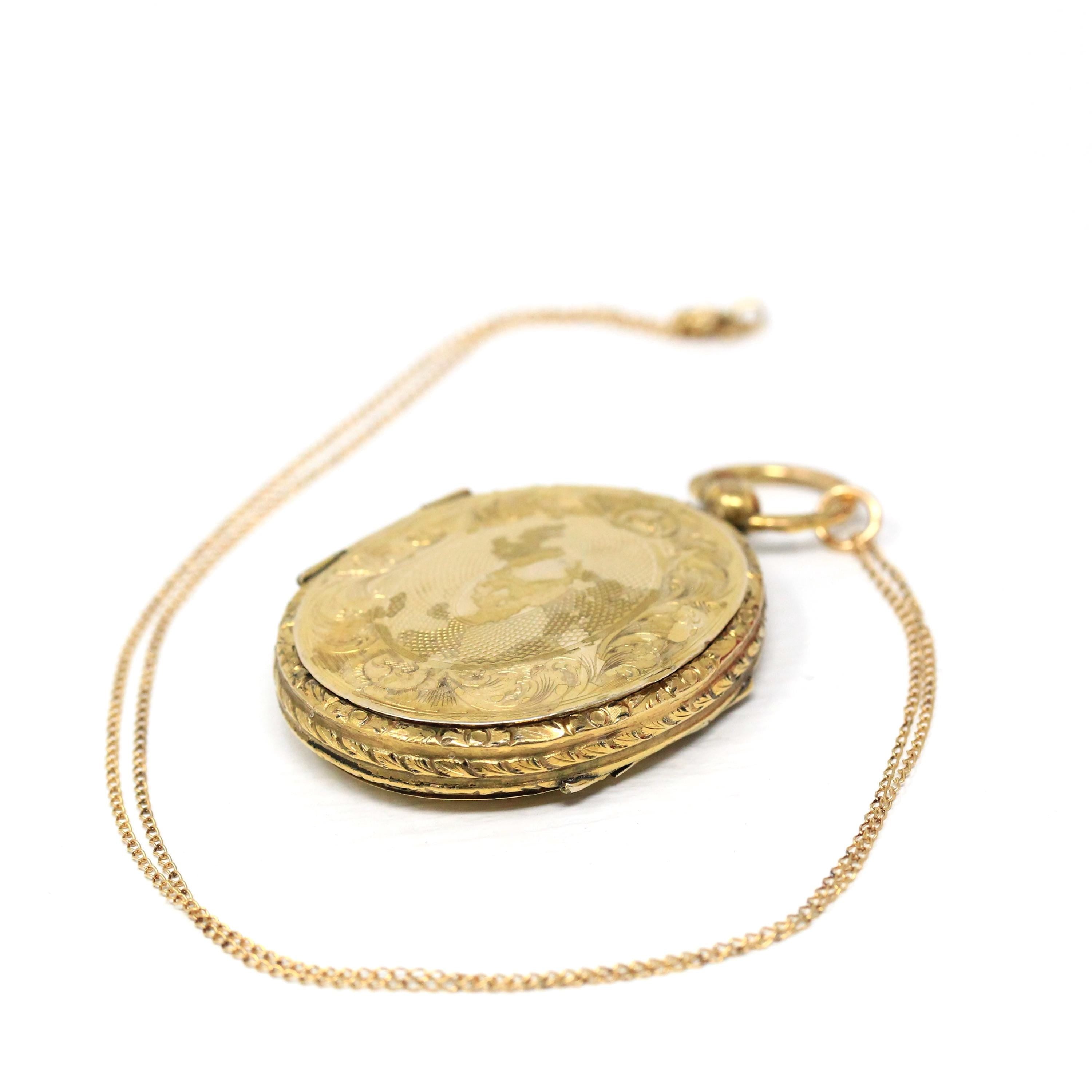 Antique Fob Locket - Victorian Gold Filled Engraved Designs Oval Pendant Necklace - Circa 1890s Era Keepsake Photograph Compartment Jewelry