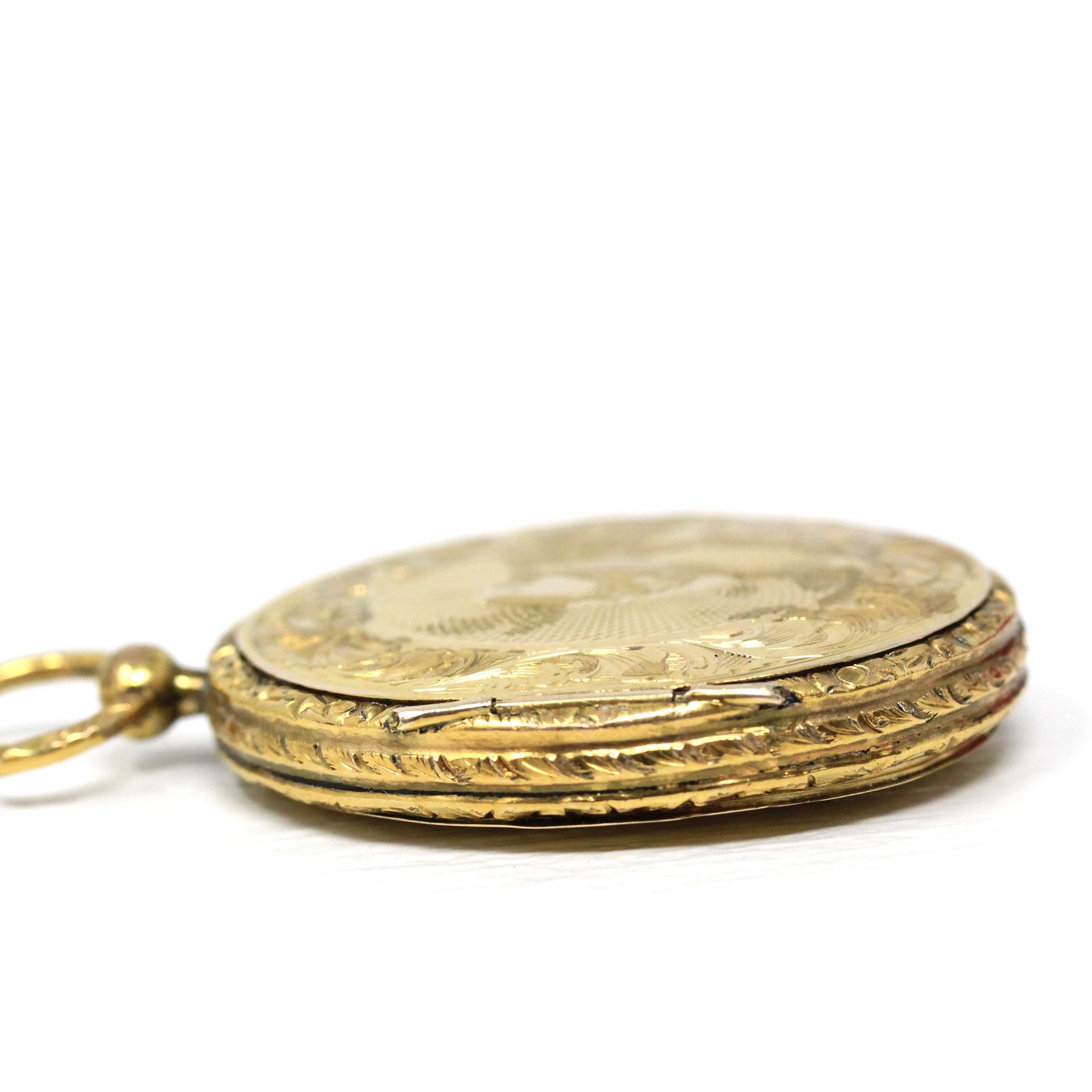 Antique Fob Locket - Victorian Gold Filled Engraved Designs Oval Pendant Necklace - Circa 1890s Era Keepsake Photograph Compartment Jewelry