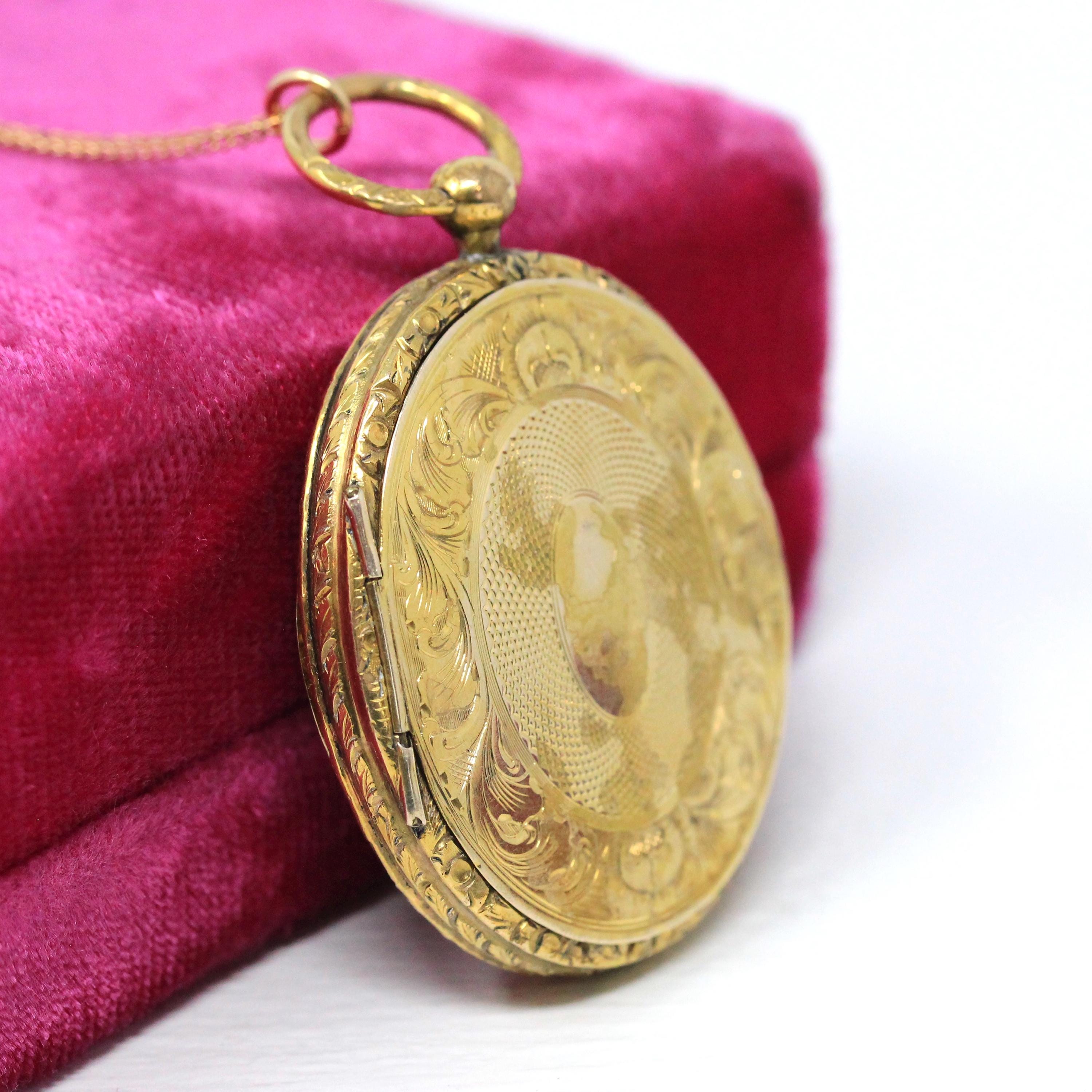 Antique Fob Locket - Victorian Gold Filled Engraved Designs Oval Pendant Necklace - Circa 1890s Era Keepsake Photograph Compartment Jewelry