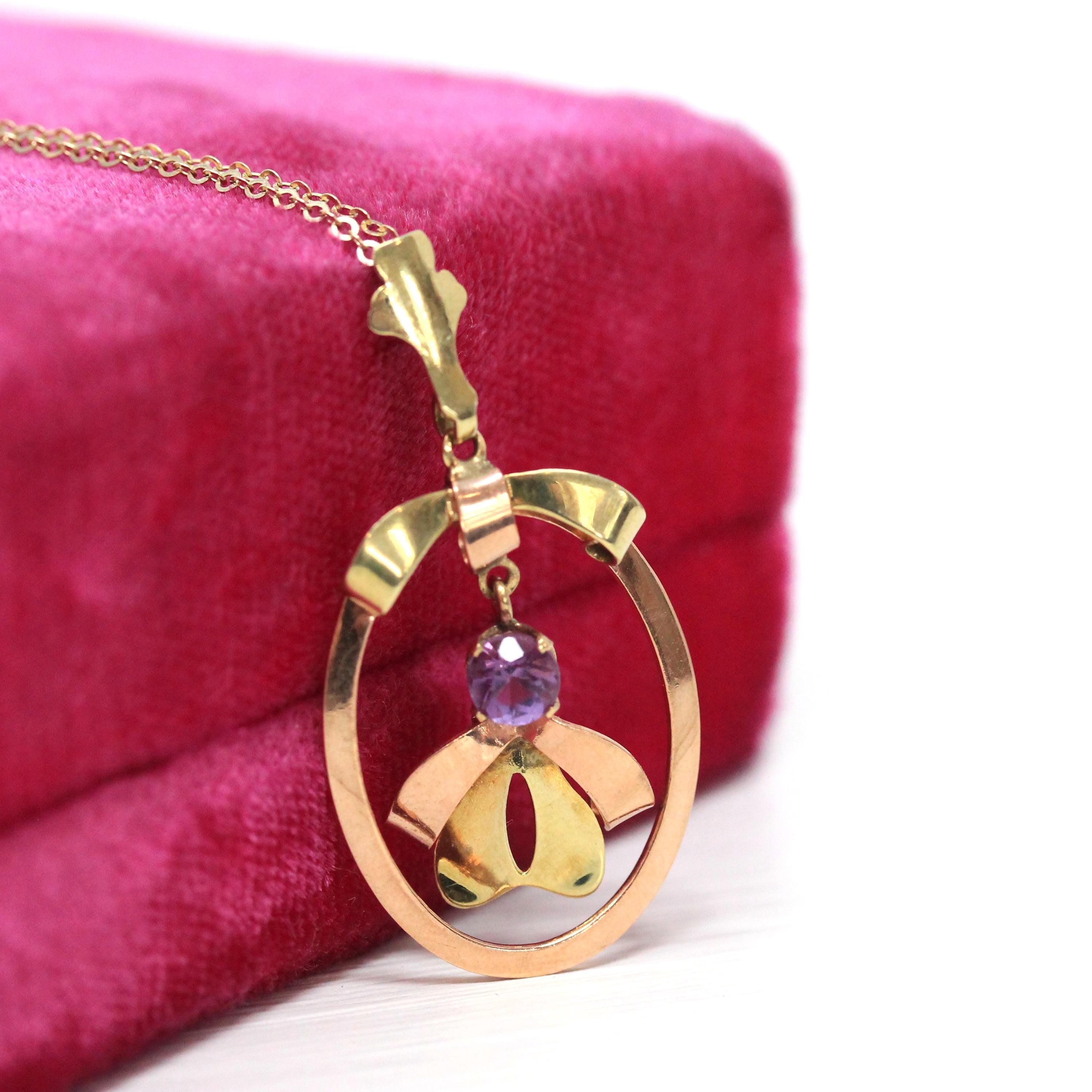 Vintage Amethyst Pendant - Mid Century 10k Yellow & Rose Gold Purple Gem Lavalier Necklace - Circa 1940s Fine February Birthstone Jewelry