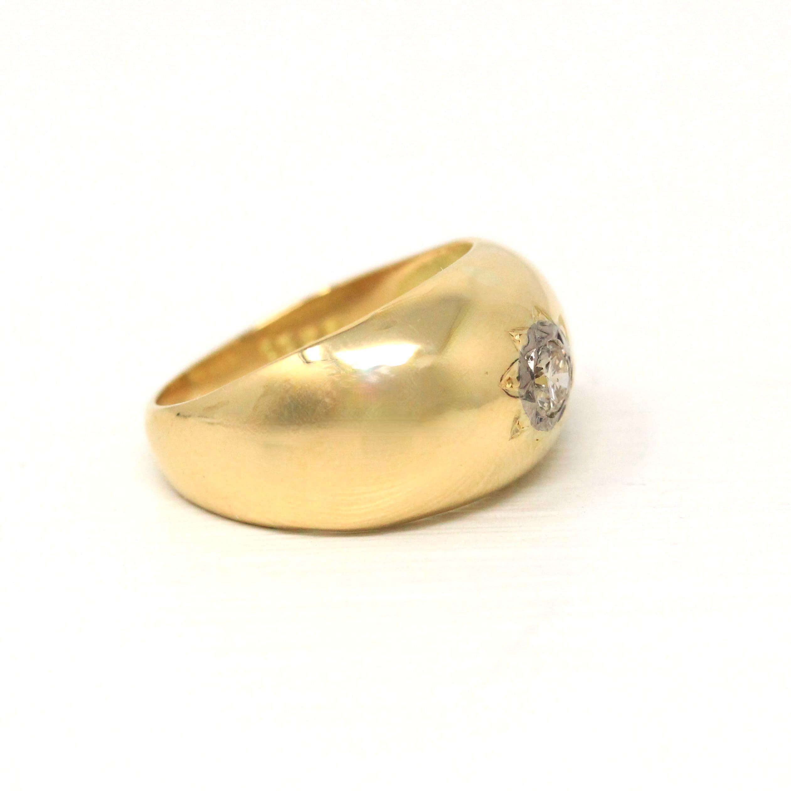 Star Incised Ring - Estate 18k Yellow Gold Chunky Domed Solitaire Diamond Band - Modern Size 7 1/2 Fine Unisex Celestial Statement Jewelry