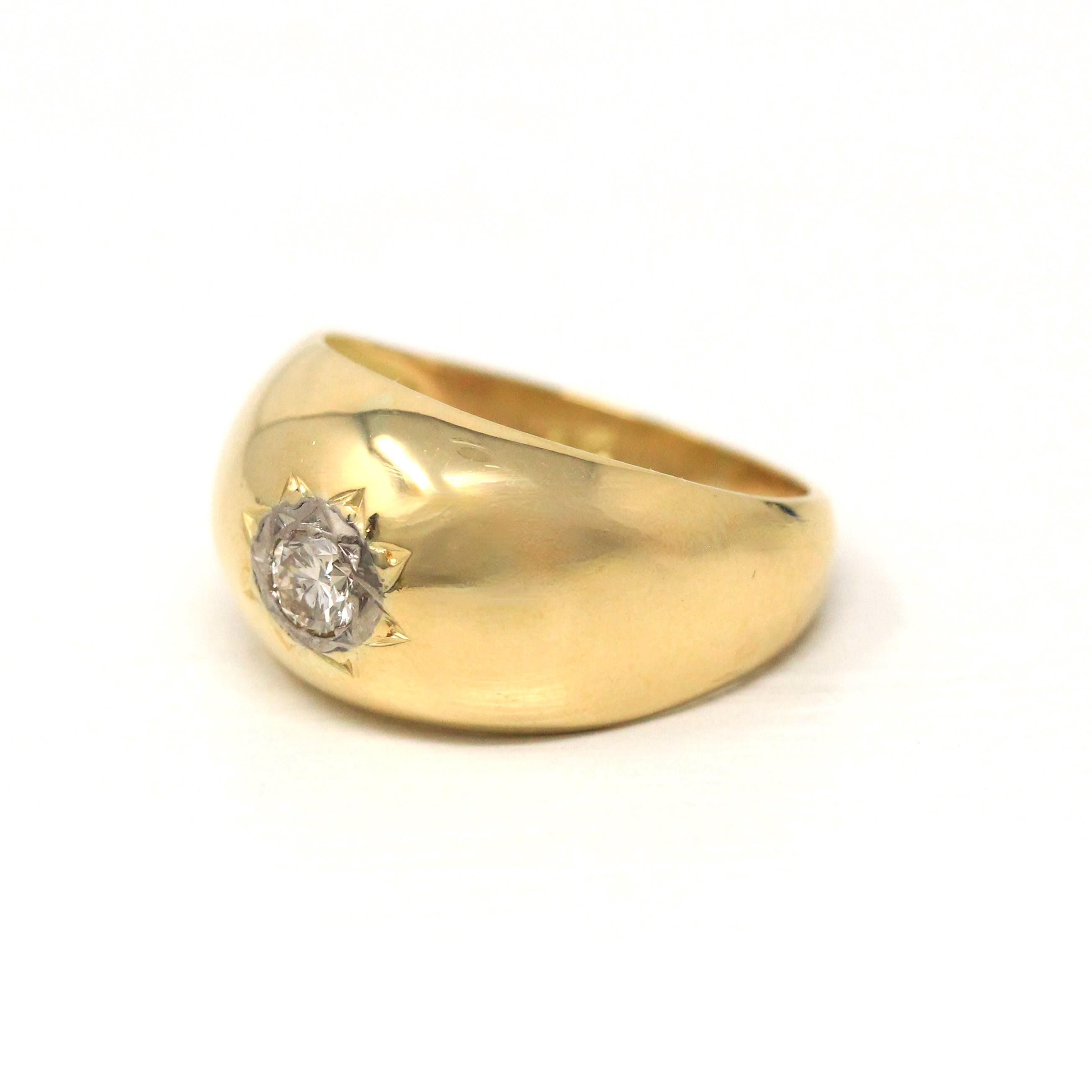 Star Incised Ring - Estate 18k Yellow Gold Chunky Domed Solitaire Diamond Band - Modern Size 7 1/2 Fine Unisex Celestial Statement Jewelry