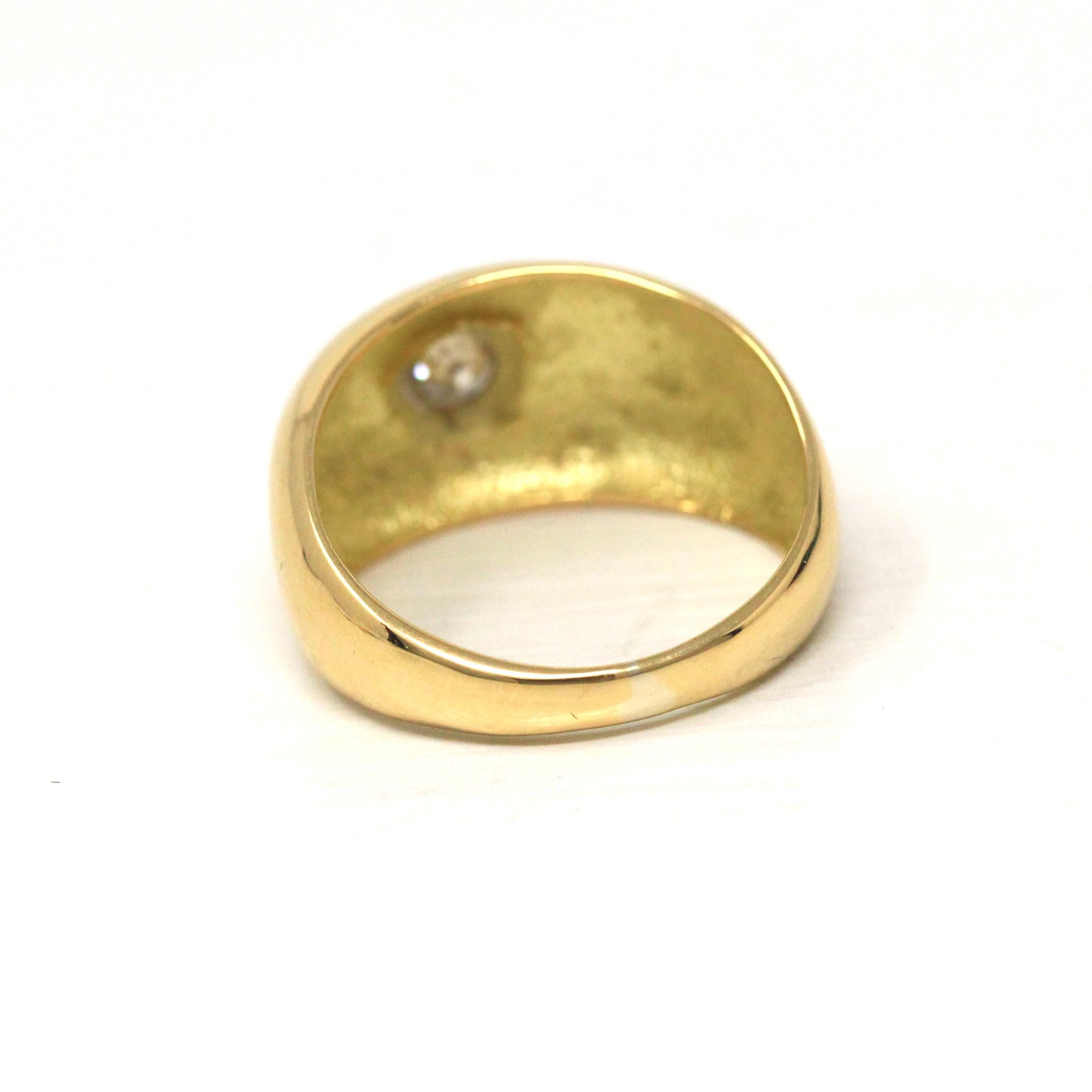 Star Incised Ring - Estate 18k Yellow Gold Chunky Domed Solitaire Diamond Band - Modern Size 7 1/2 Fine Unisex Celestial Statement Jewelry