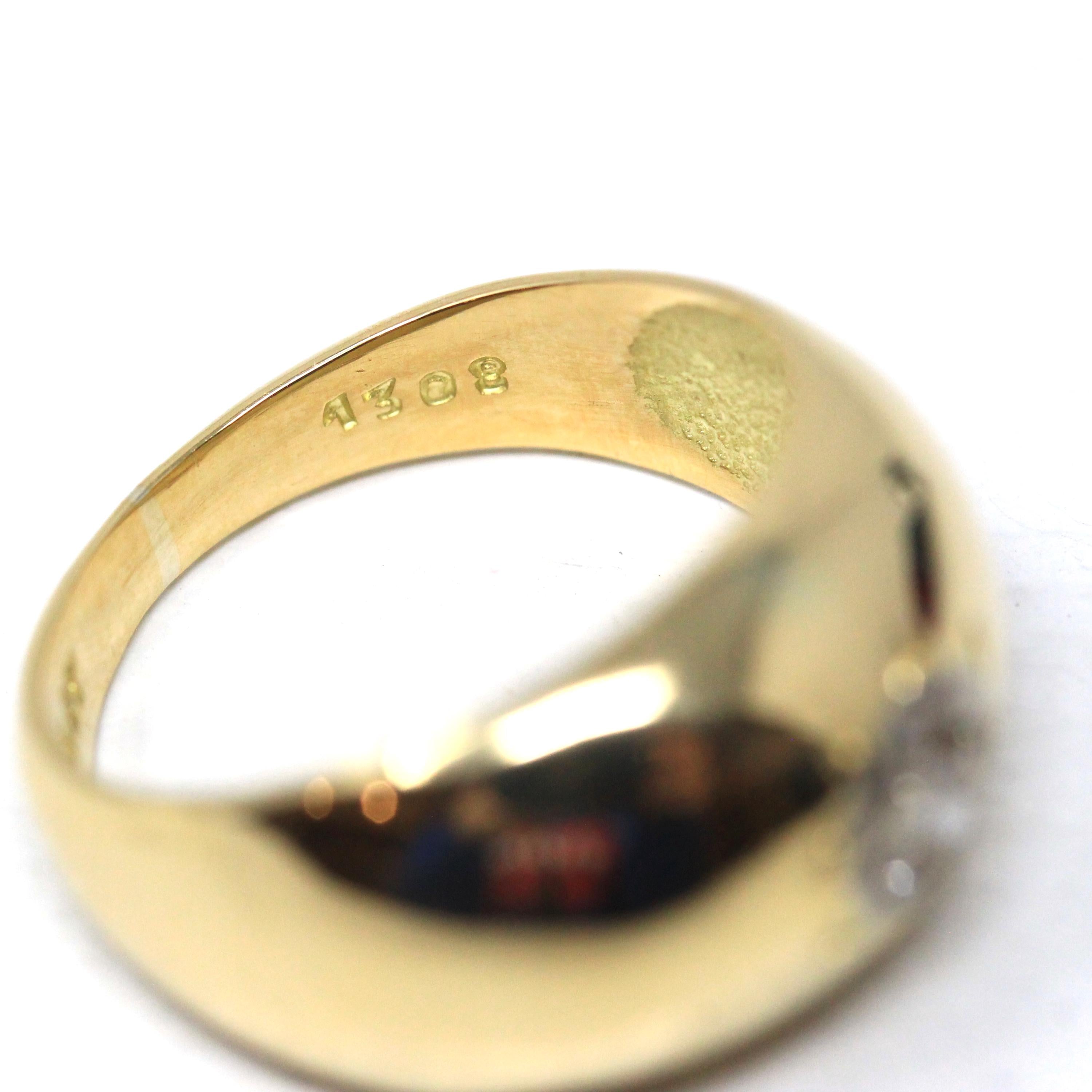 Star Incised Ring - Estate 18k Yellow Gold Chunky Domed Solitaire Diamond Band - Modern Size 7 1/2 Fine Unisex Celestial Statement Jewelry