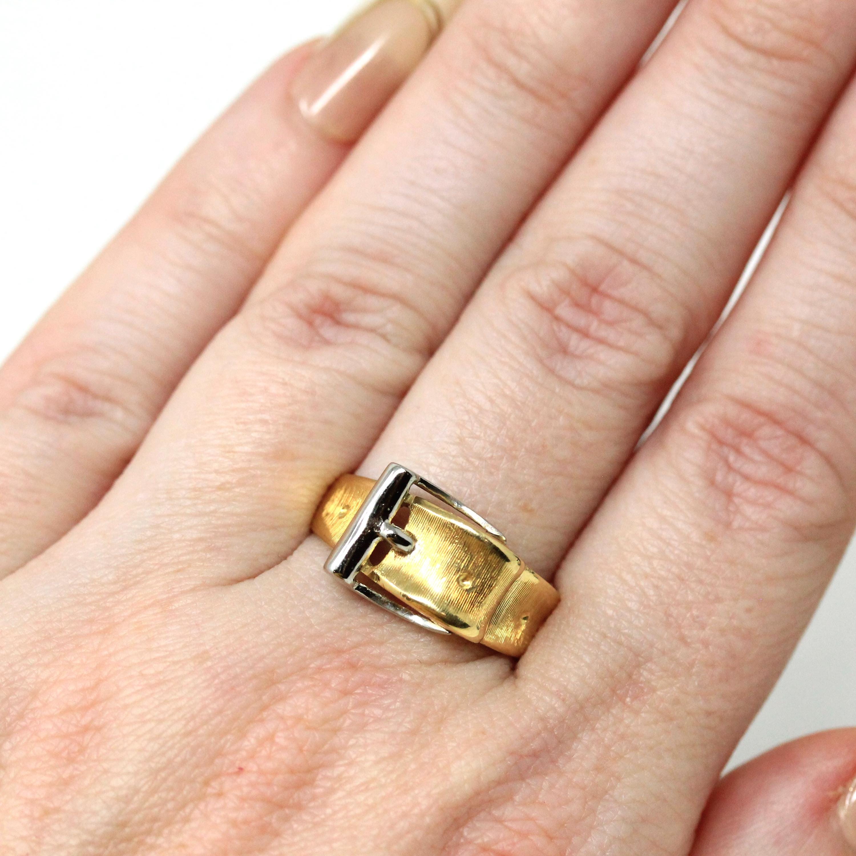 Belt Buckle Ring - Mid Century 18k Yellow & White Gold Two Tone Statement Band - Vintage Circa 1950s Era Size 7 1/2 Fine Symbolism Jewelry