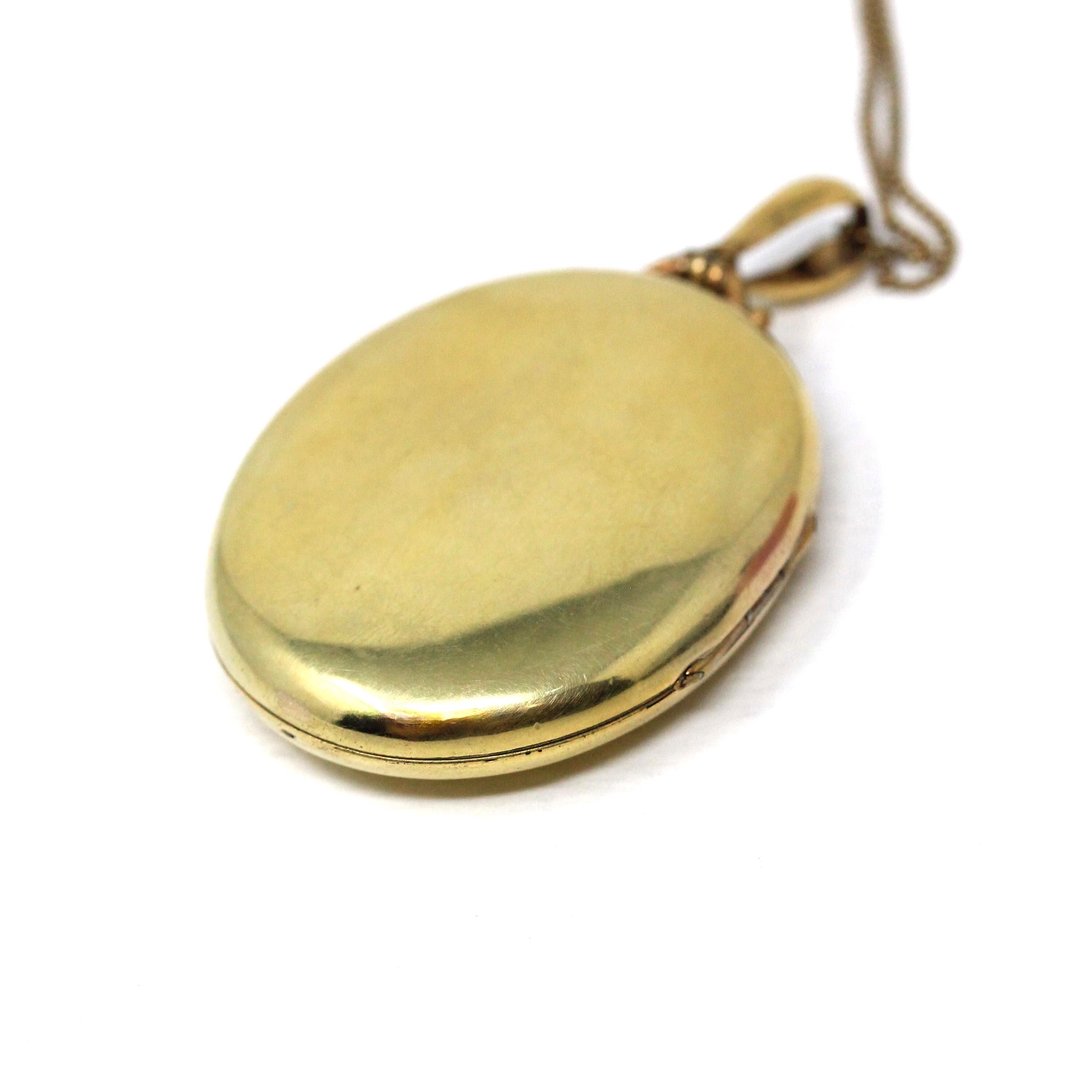 Antique Diamond Locket - Victorian Gold Filled Large Oval Photograph Pendant Necklace - Circa 1890s Era Old Mine Cut .07 CT Accent Jewelry